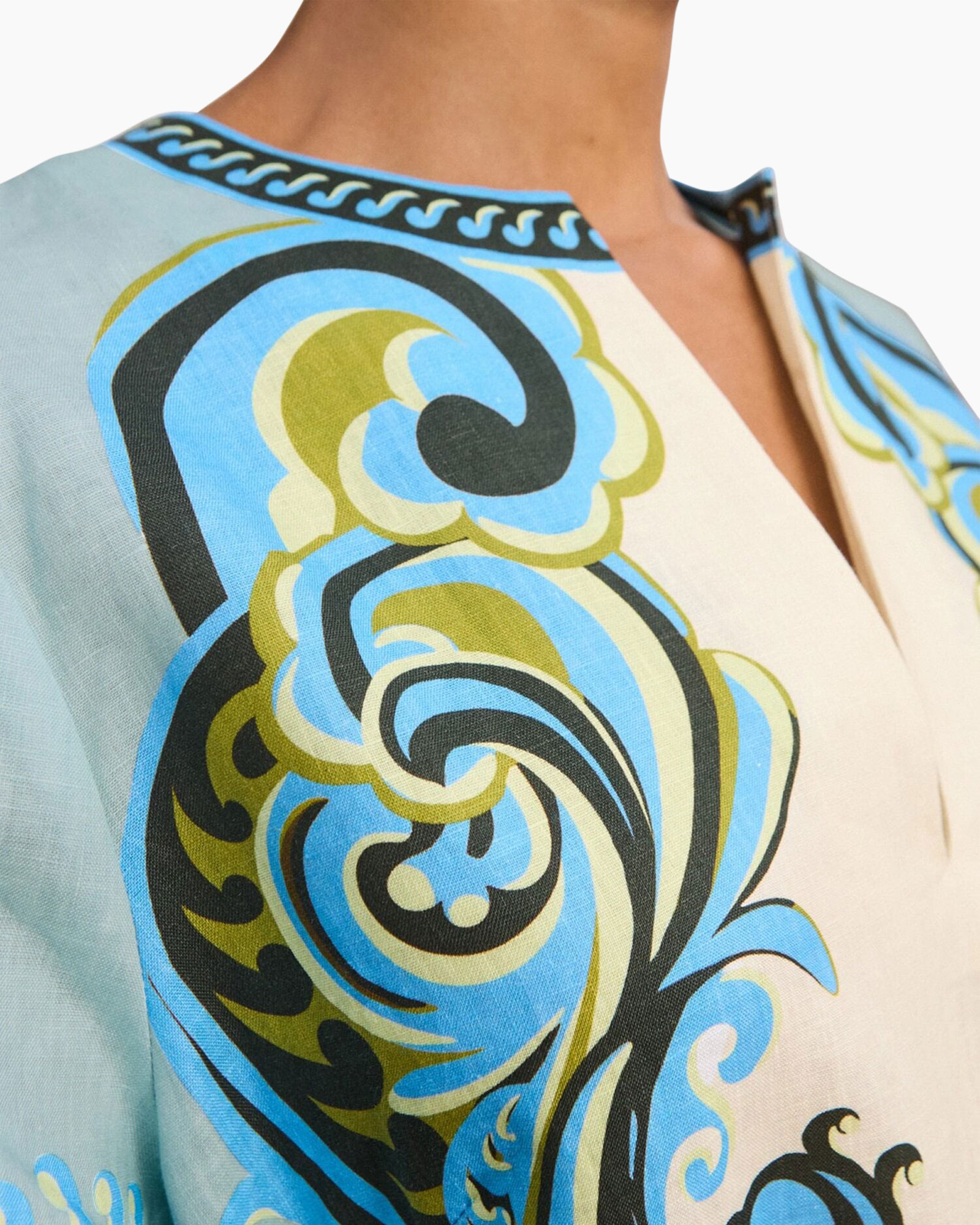 blouse, print, lange mouw, blauw, patroon