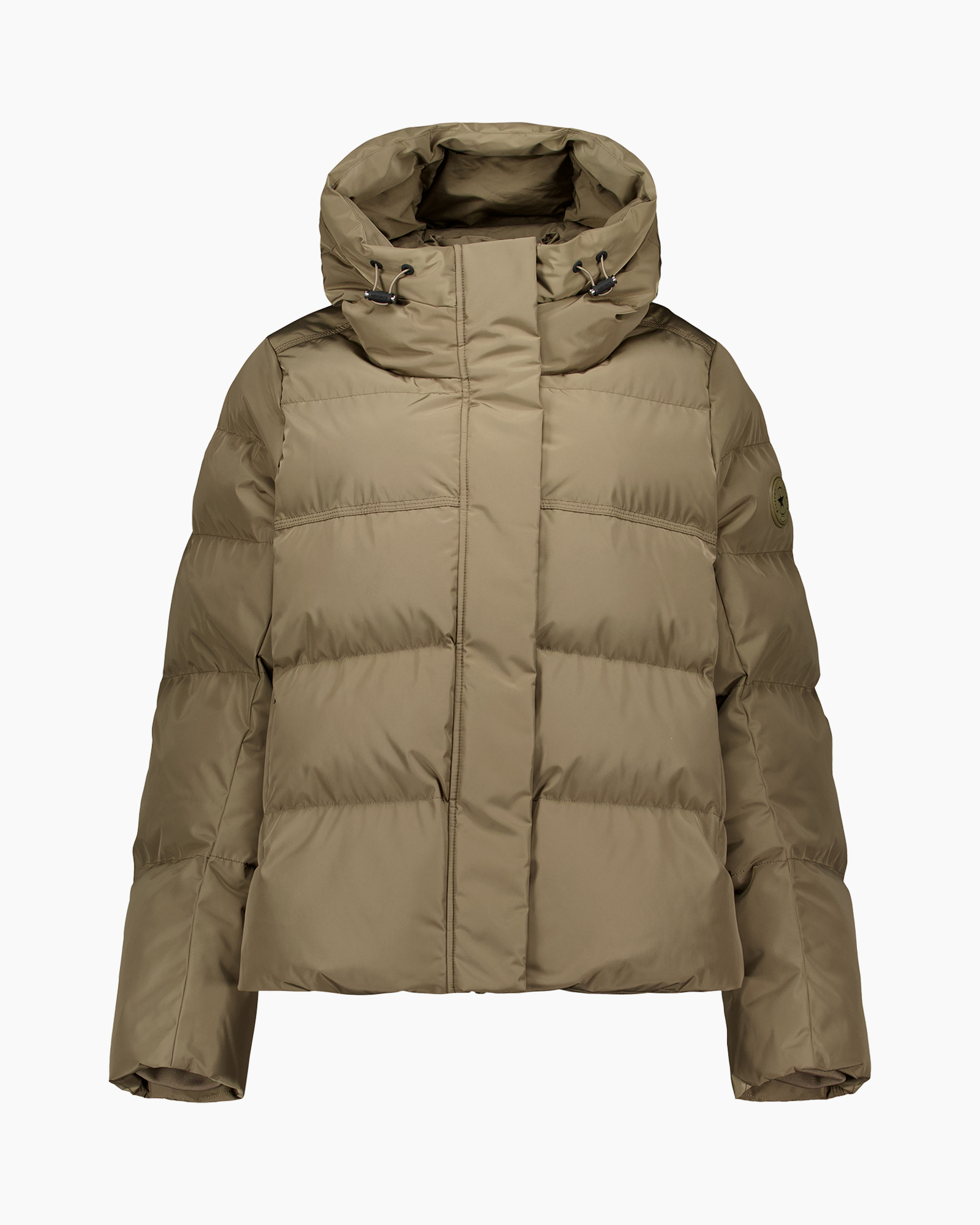 donsjas, kamelkleur, met capuchon, dekenvulling, gilet gestikt