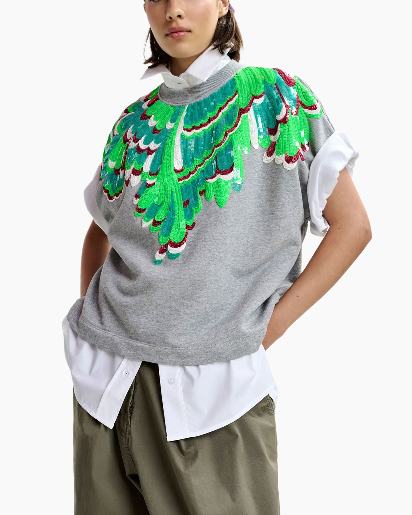 Trui, Graphics, Grijs, Geborduurd, Korte mouwen