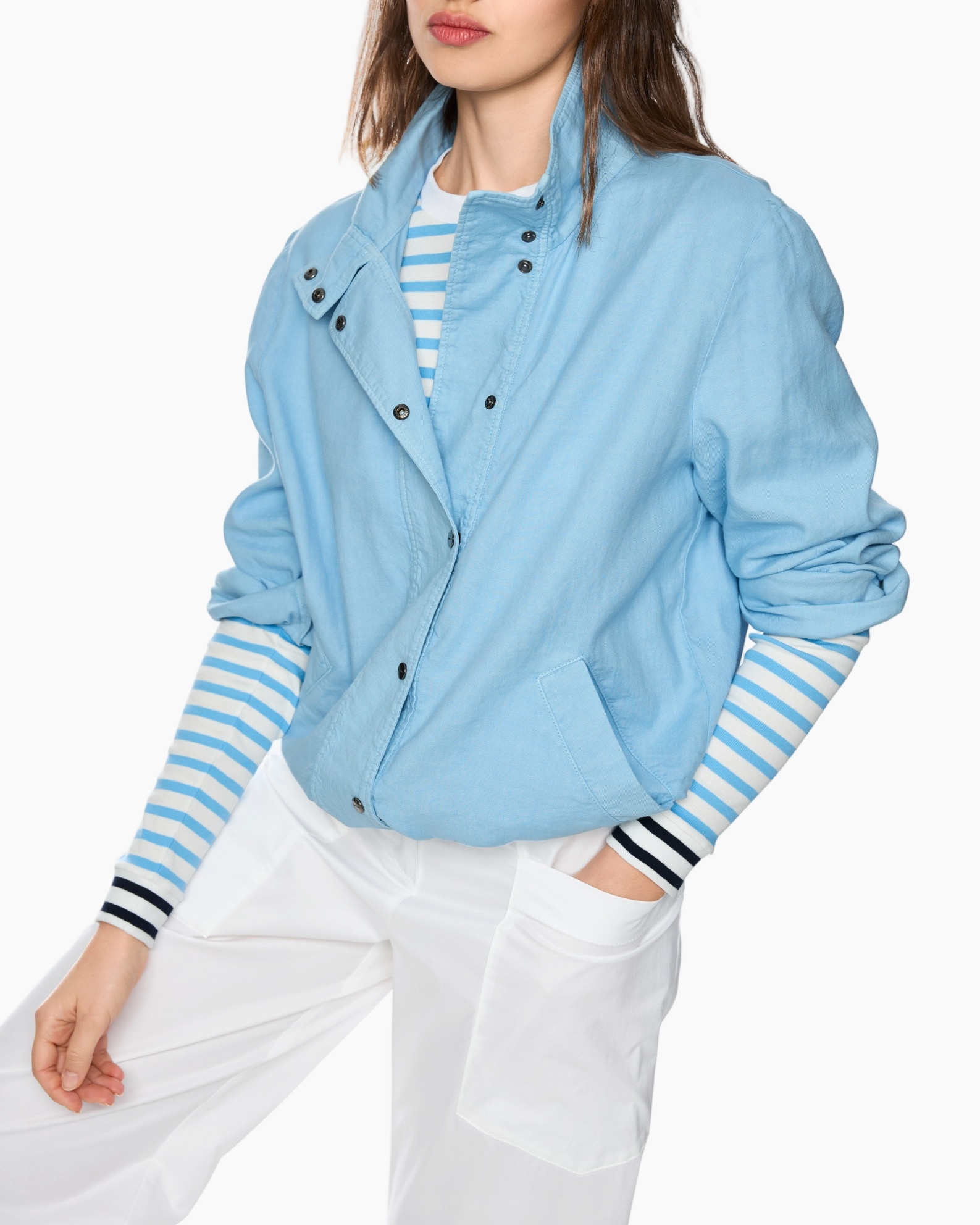 light blue jacket, casual outerwear, buttoned jacket, pocket detail, layered outfit