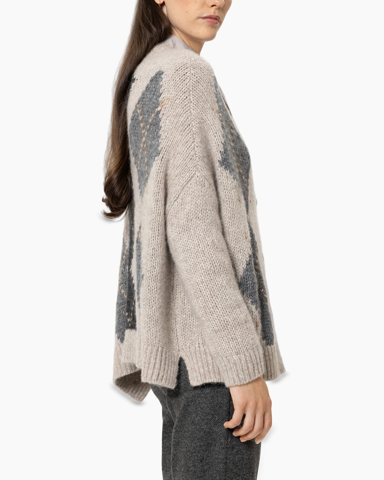 cardigan, argyle, breipiet knit?, beige, open-front