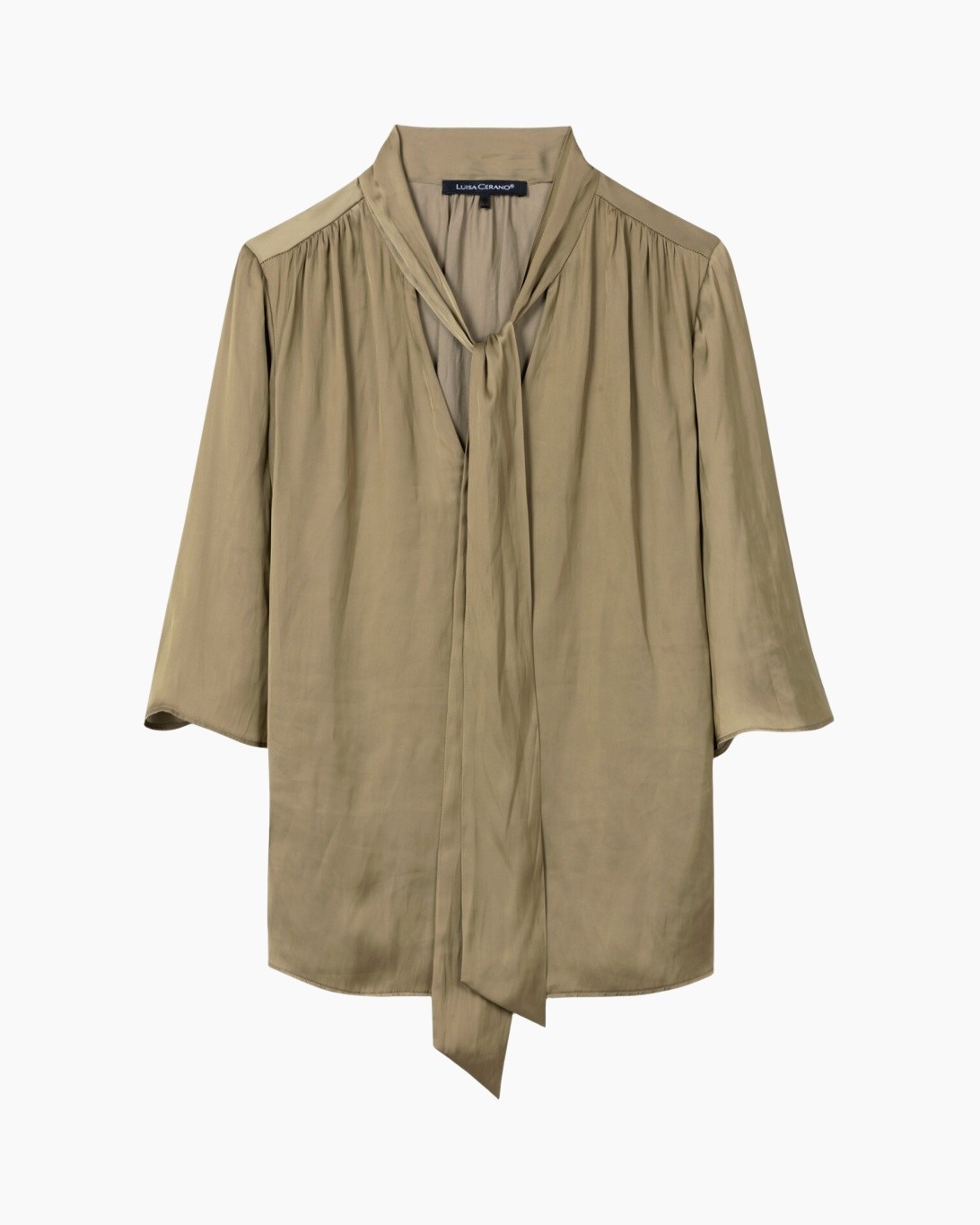 blouse, knoopkraag, lange mouwen, khaki, zacht satijn