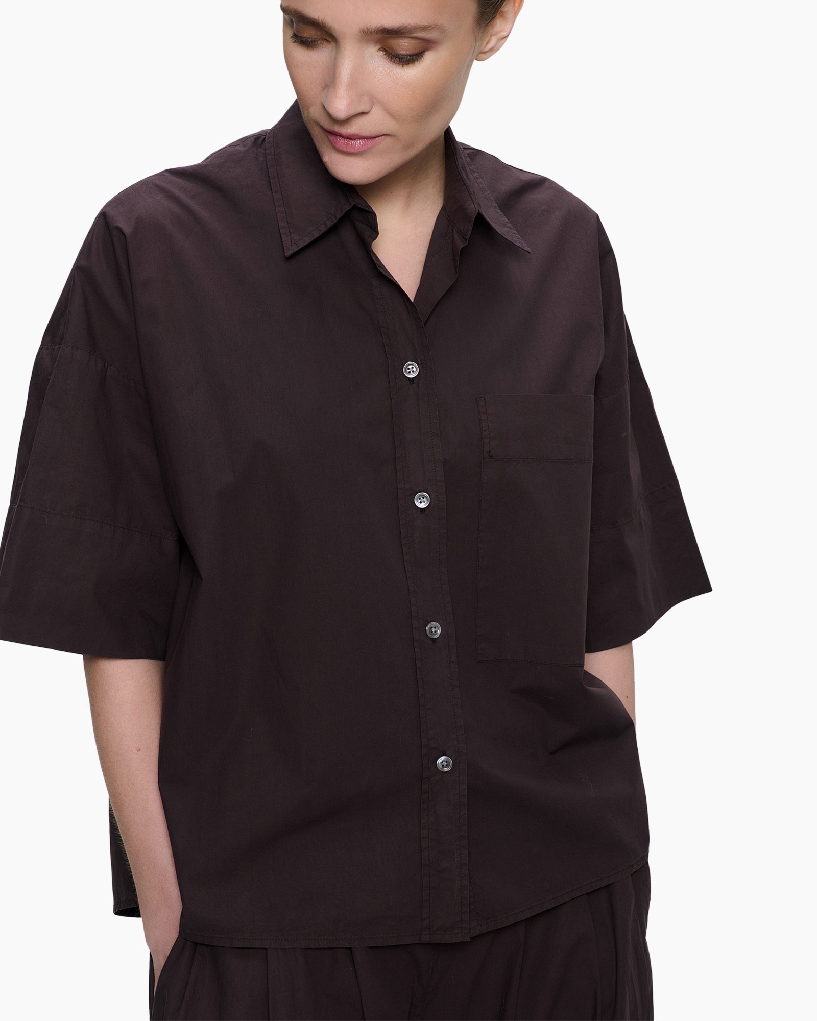 Blouse Paper Cotton Boxy Donker Bruin