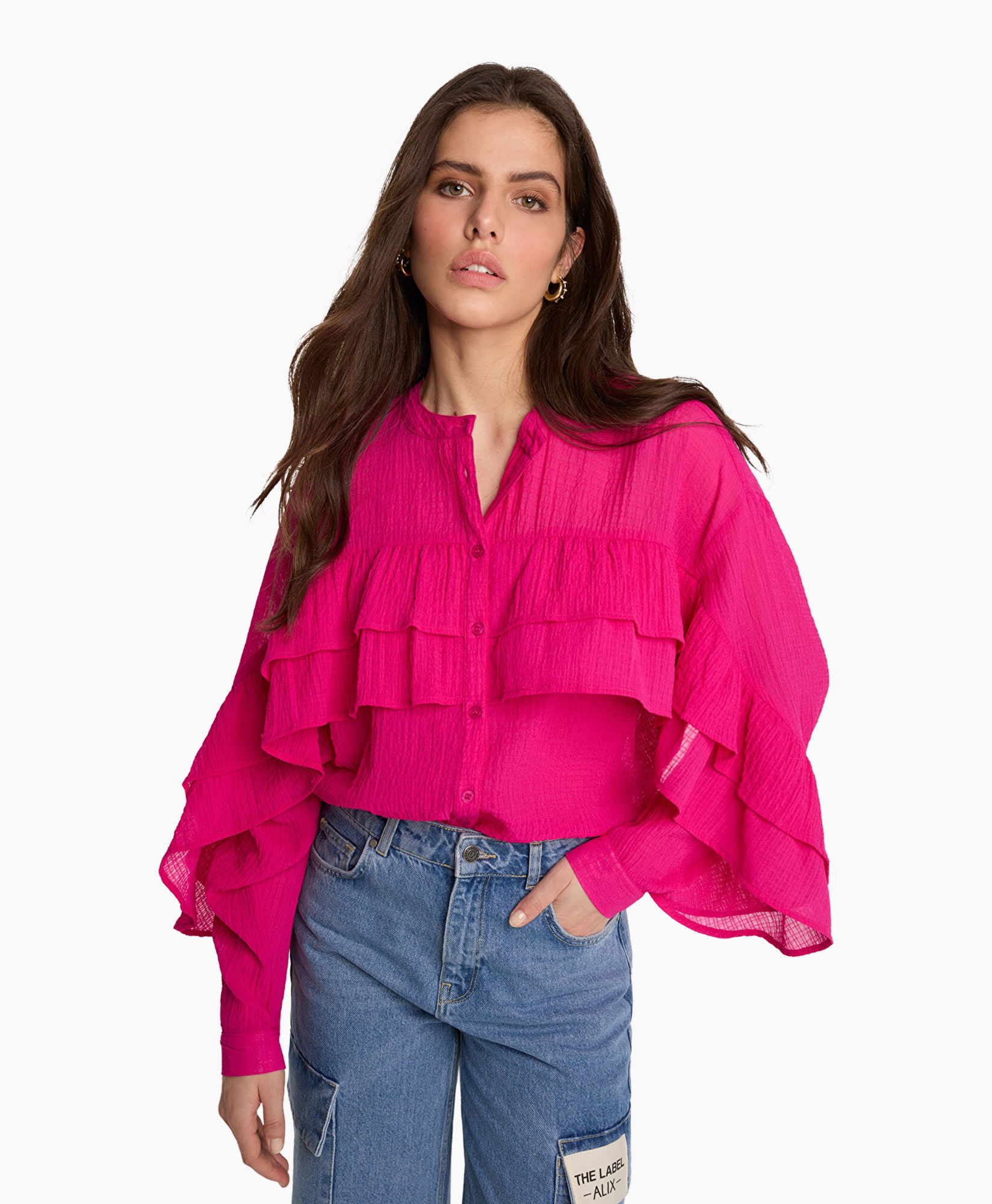 Blouse Woven Structured Chiffon Ruffle Roze