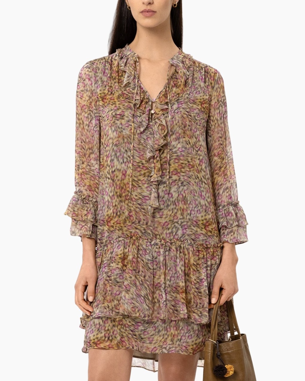 bloemenprint, doorschijnend, blouse, ronde ruches, mini-jurk