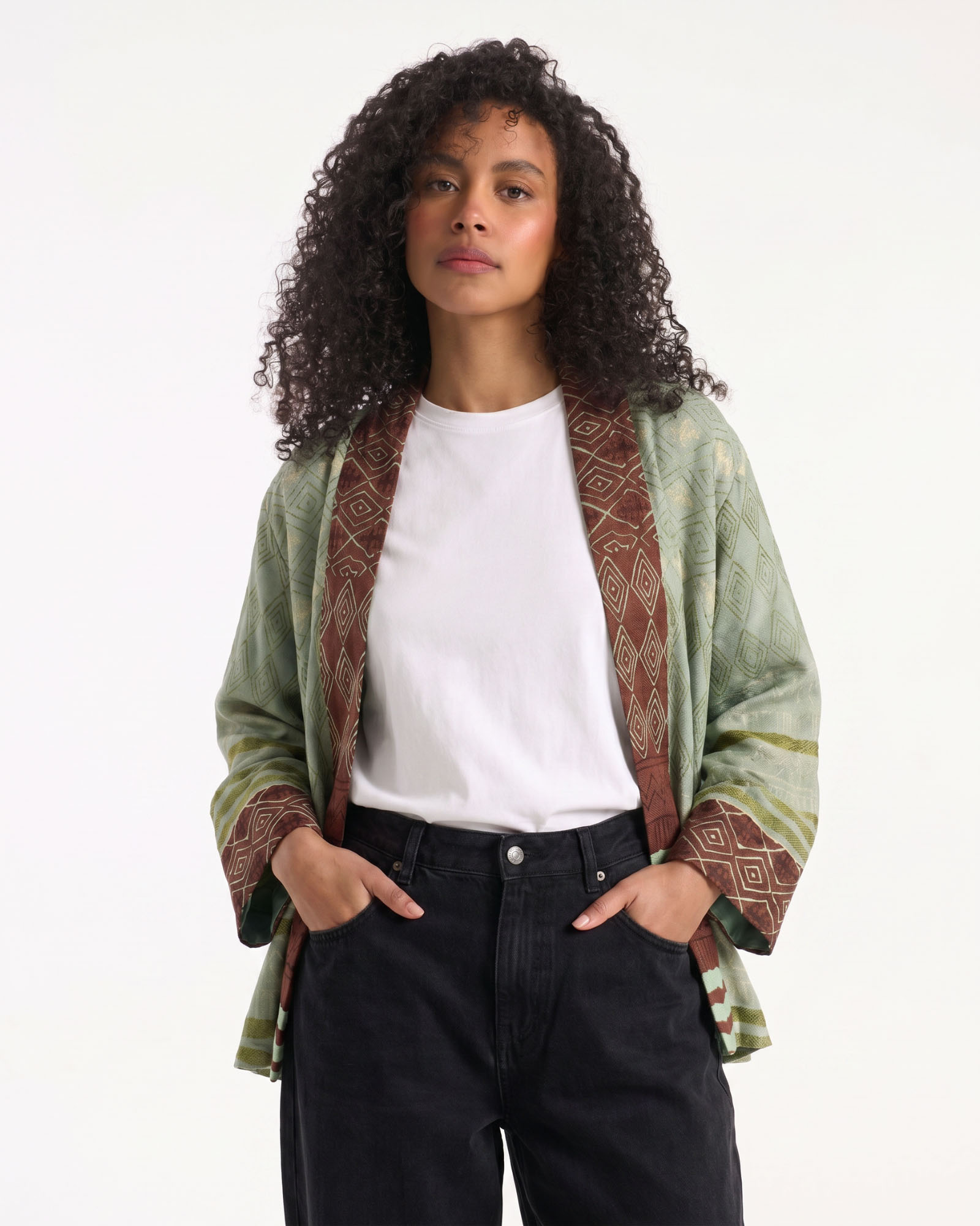kimono, jas kimono, open voorkant, groen, patroon randen