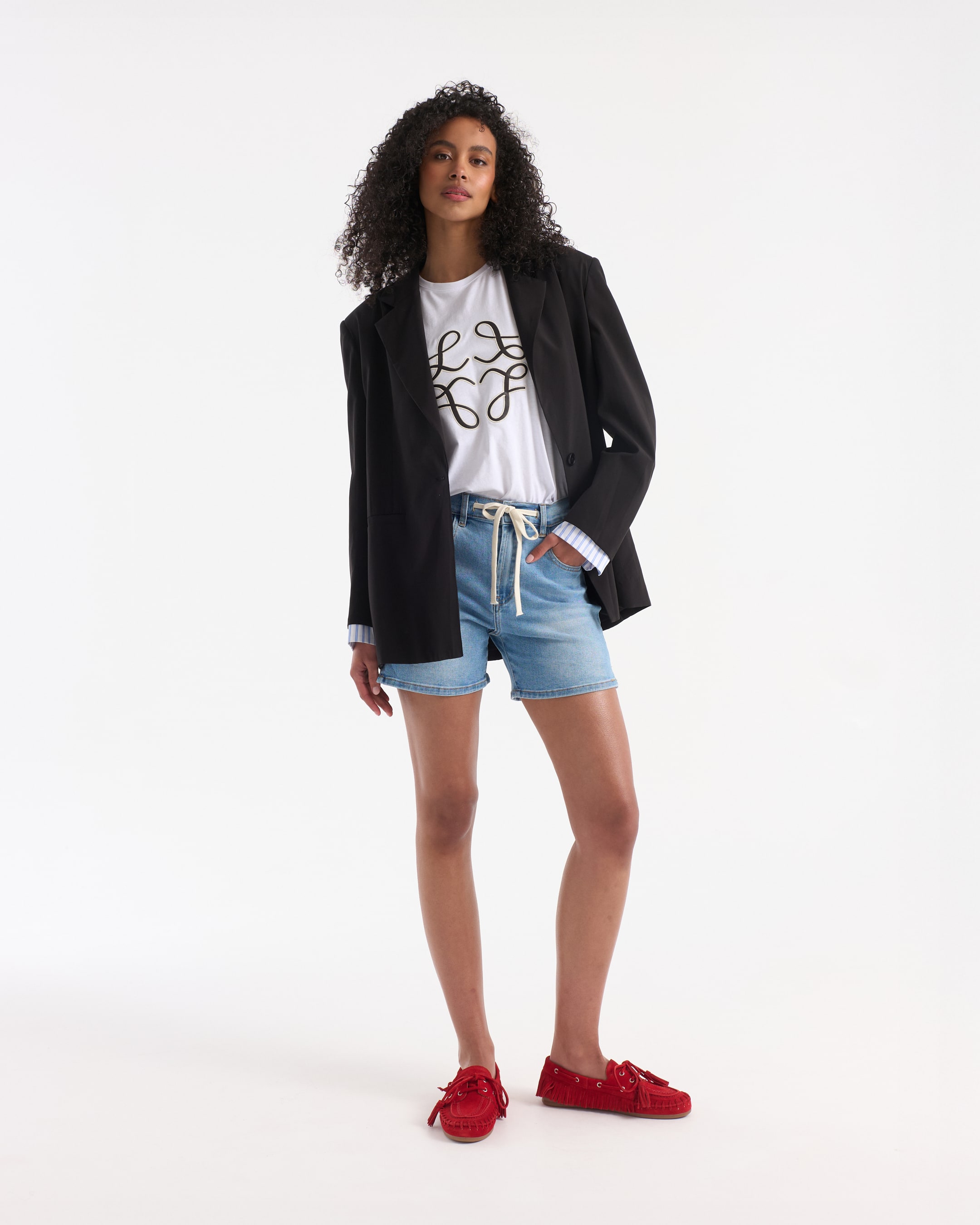 blazer, denim shorts, t-shirt, drawstring shorts, red loafers