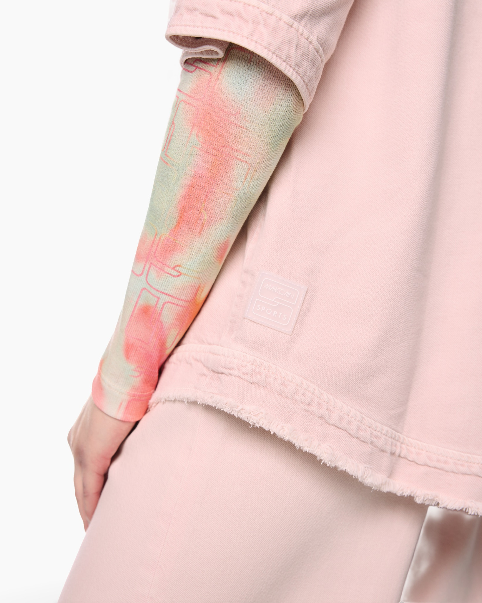 tie-dye, mouw, roze, jasje, gerafelde zoom