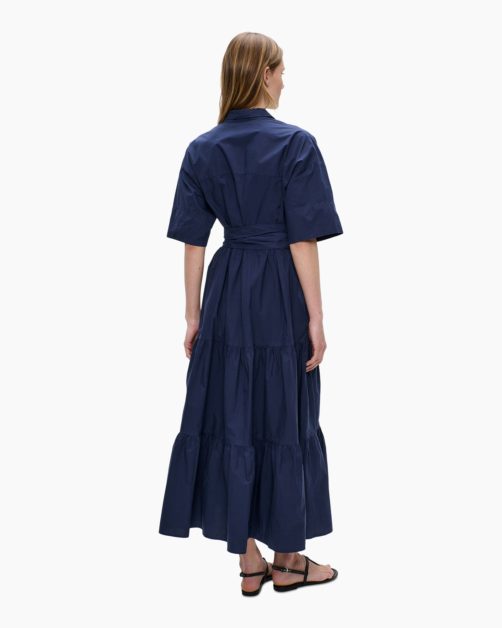 maxi dress, navy blue, tie waist, short sleeve, tiered skirt
