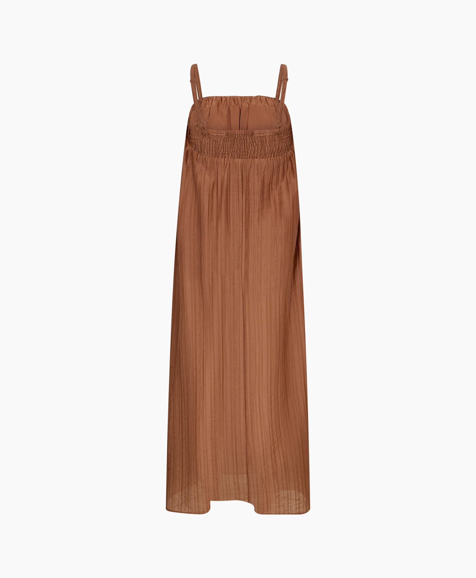 maxi jurk, roodbruin, bandjes jurk, plooien, stof textuur