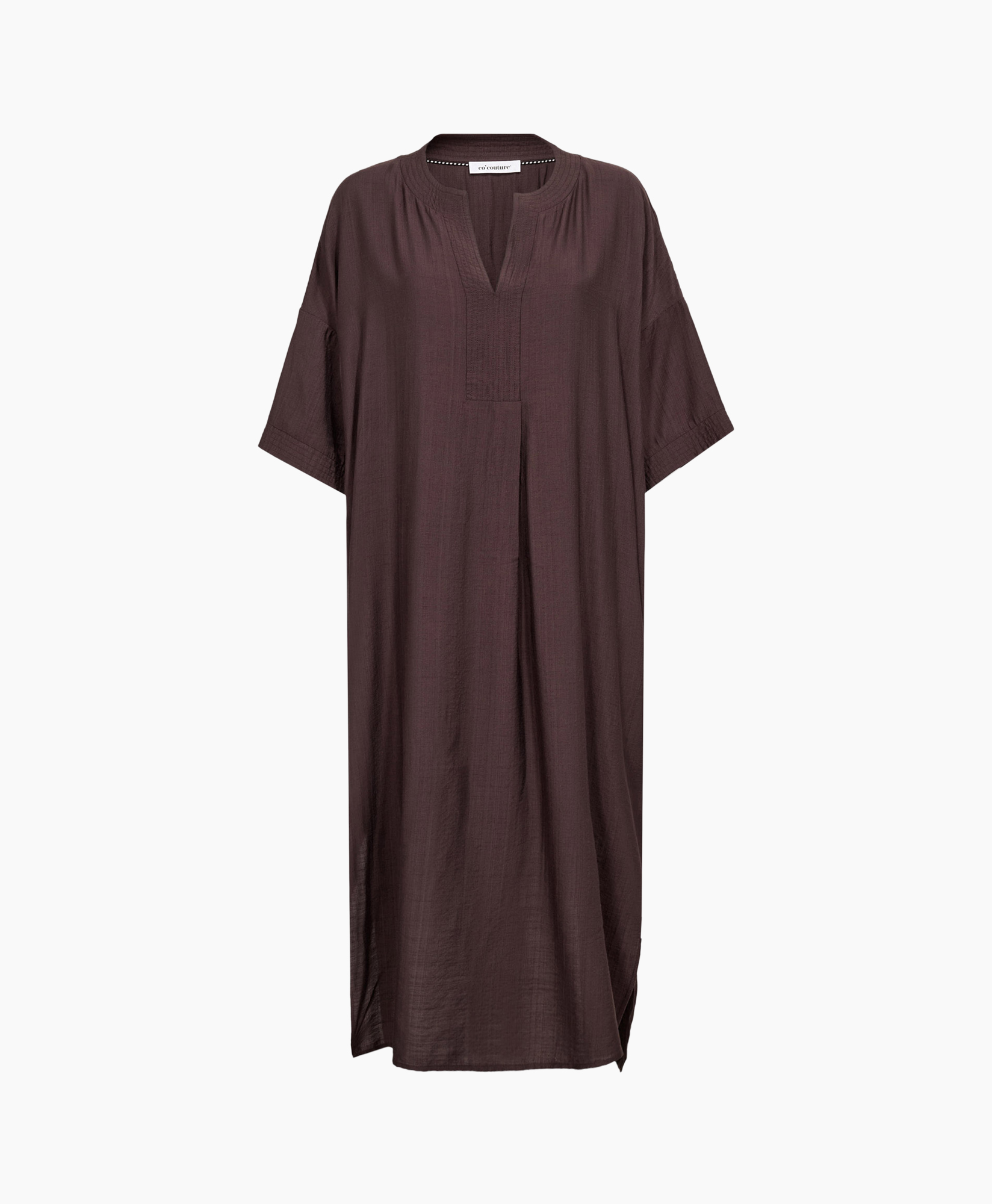lange jurk, linnen, bruin, losses pasvorm, mouwen kort