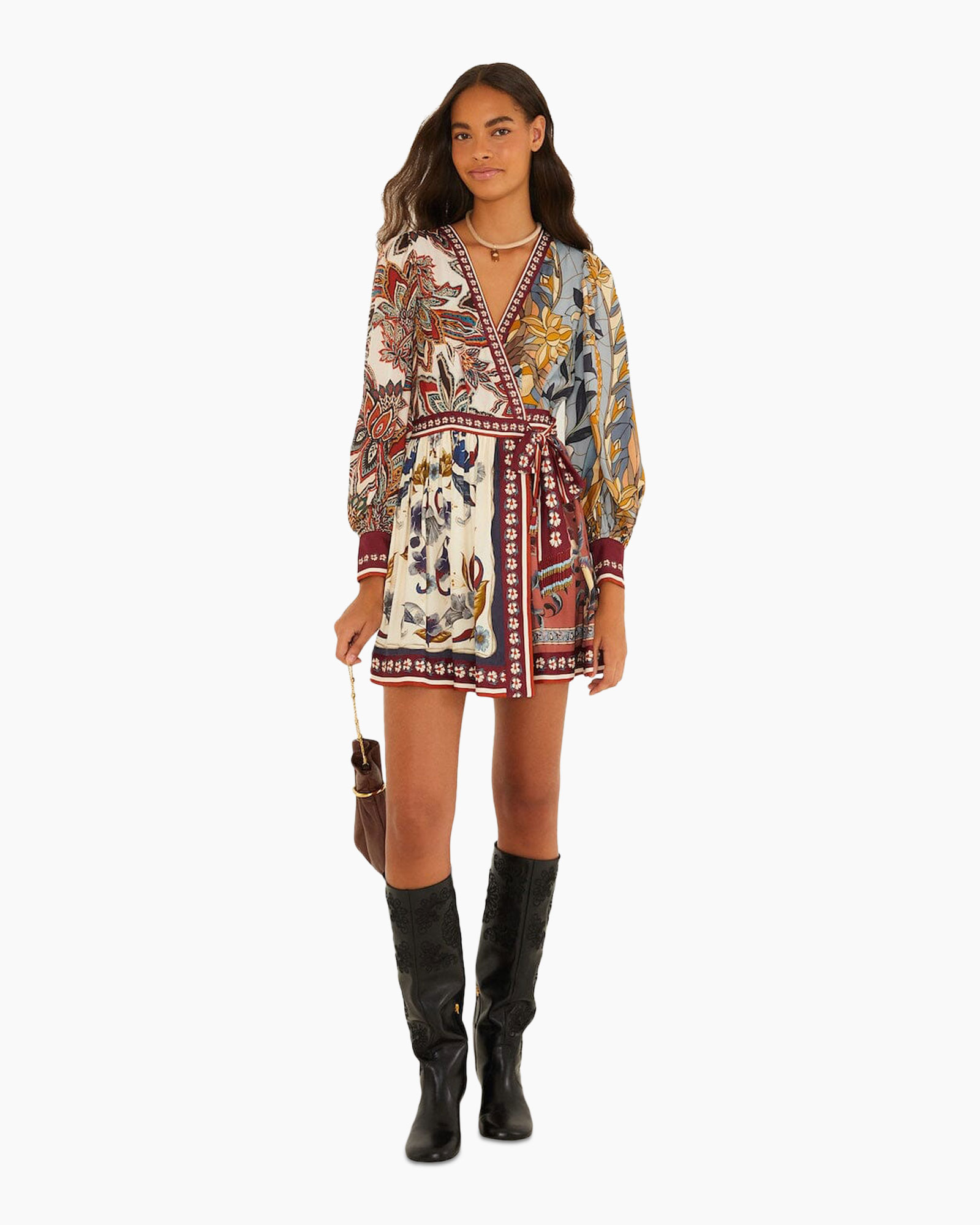 boho jurk, wrap jurk, bloemenprint, lange mouw, mini jurk