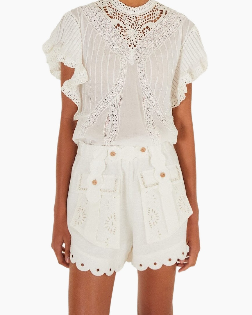 white, lace, top, shorts, embroidered