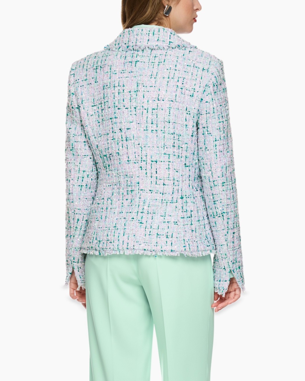 tweed blazer, dubbelrij, pastelgroen, gerafelde rand, damestacket