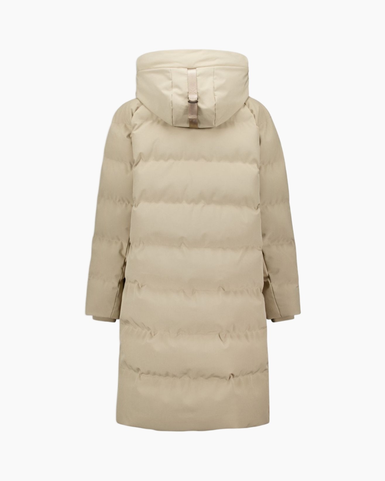 Gewatteerde jas, Capuchon, Lang model, Doorgestikt, Beige