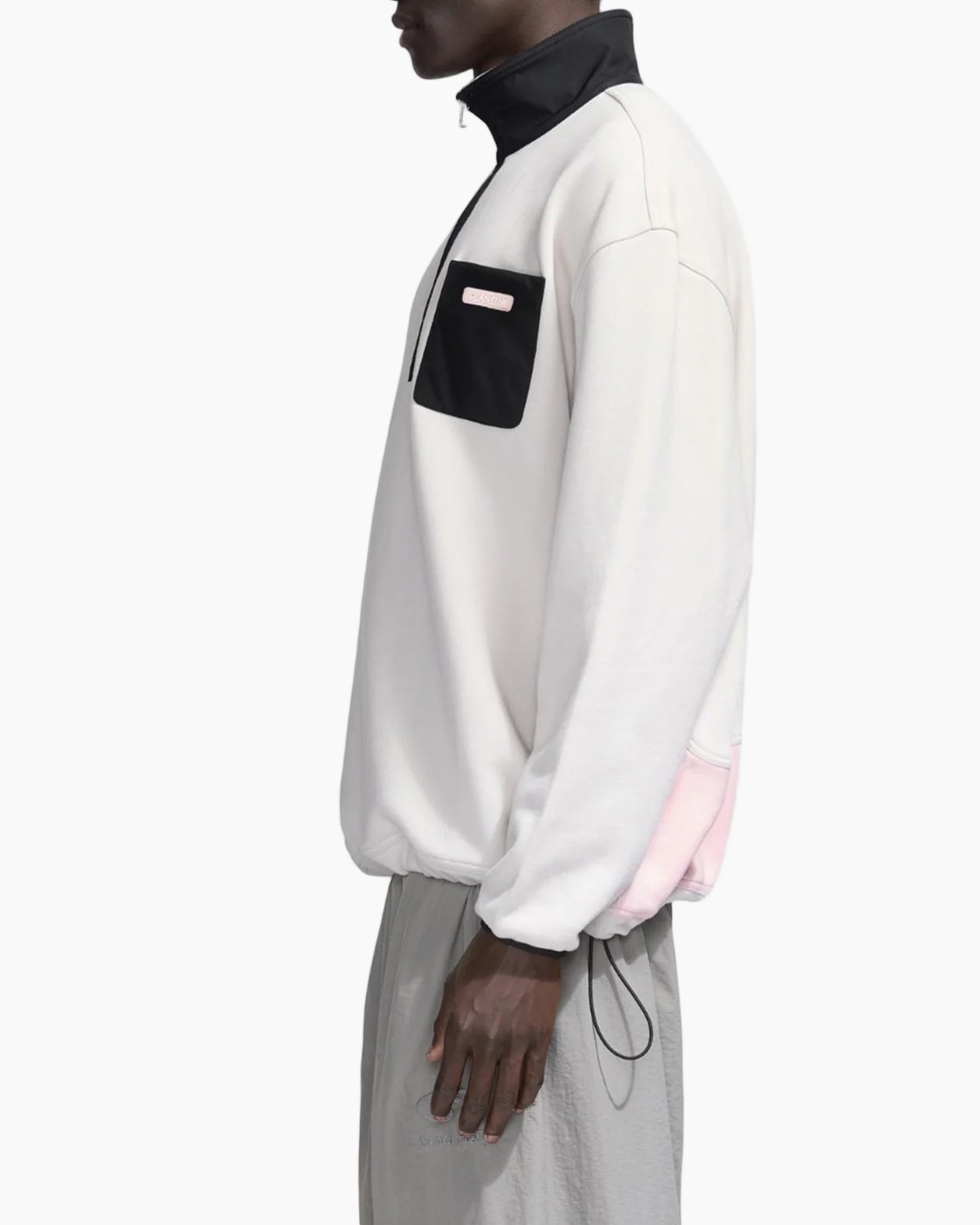 kraagband, fleece, wit, zwartzak, pullover