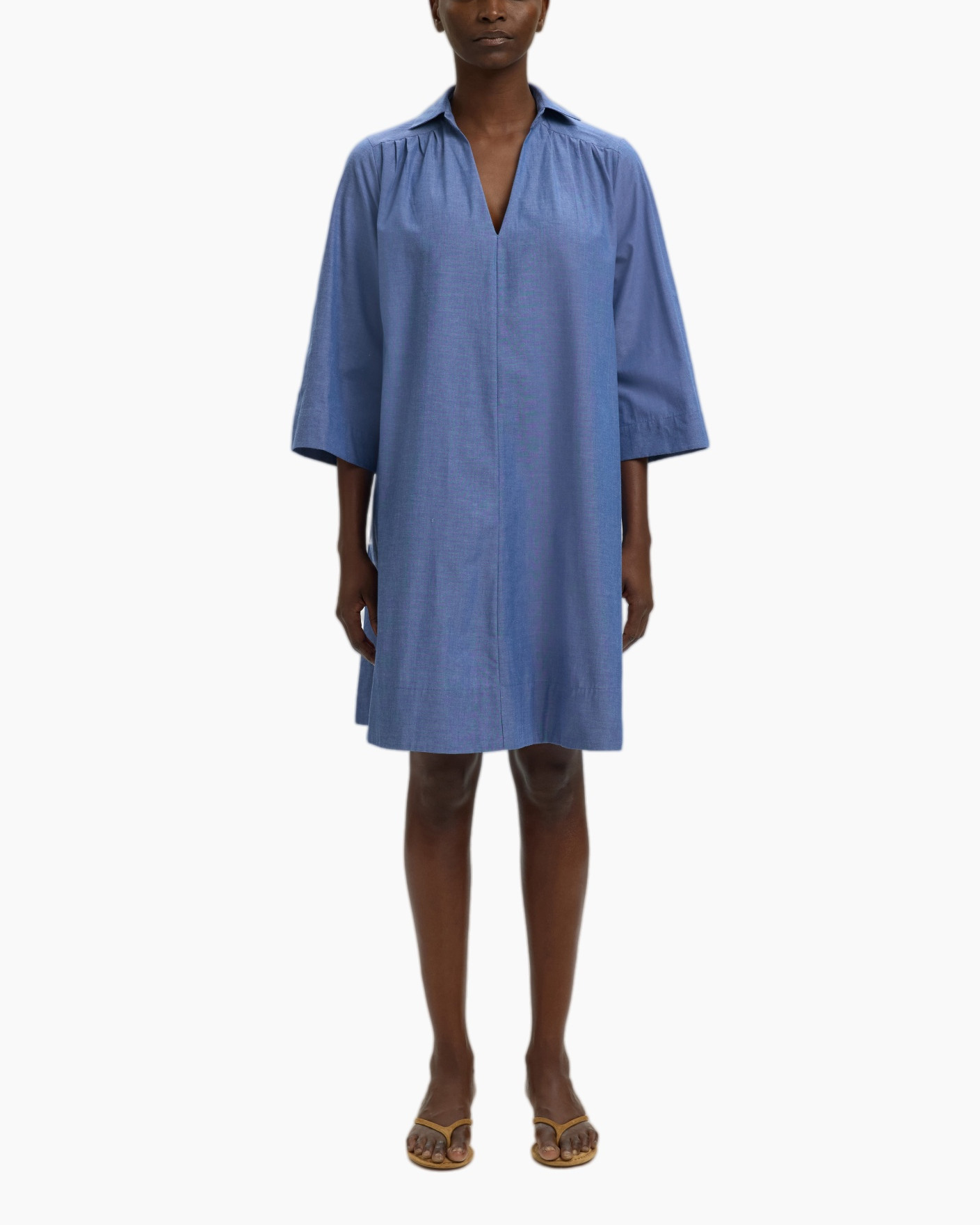 linnen, blauw, hemdjurk, knielengte, 3/4-mouw