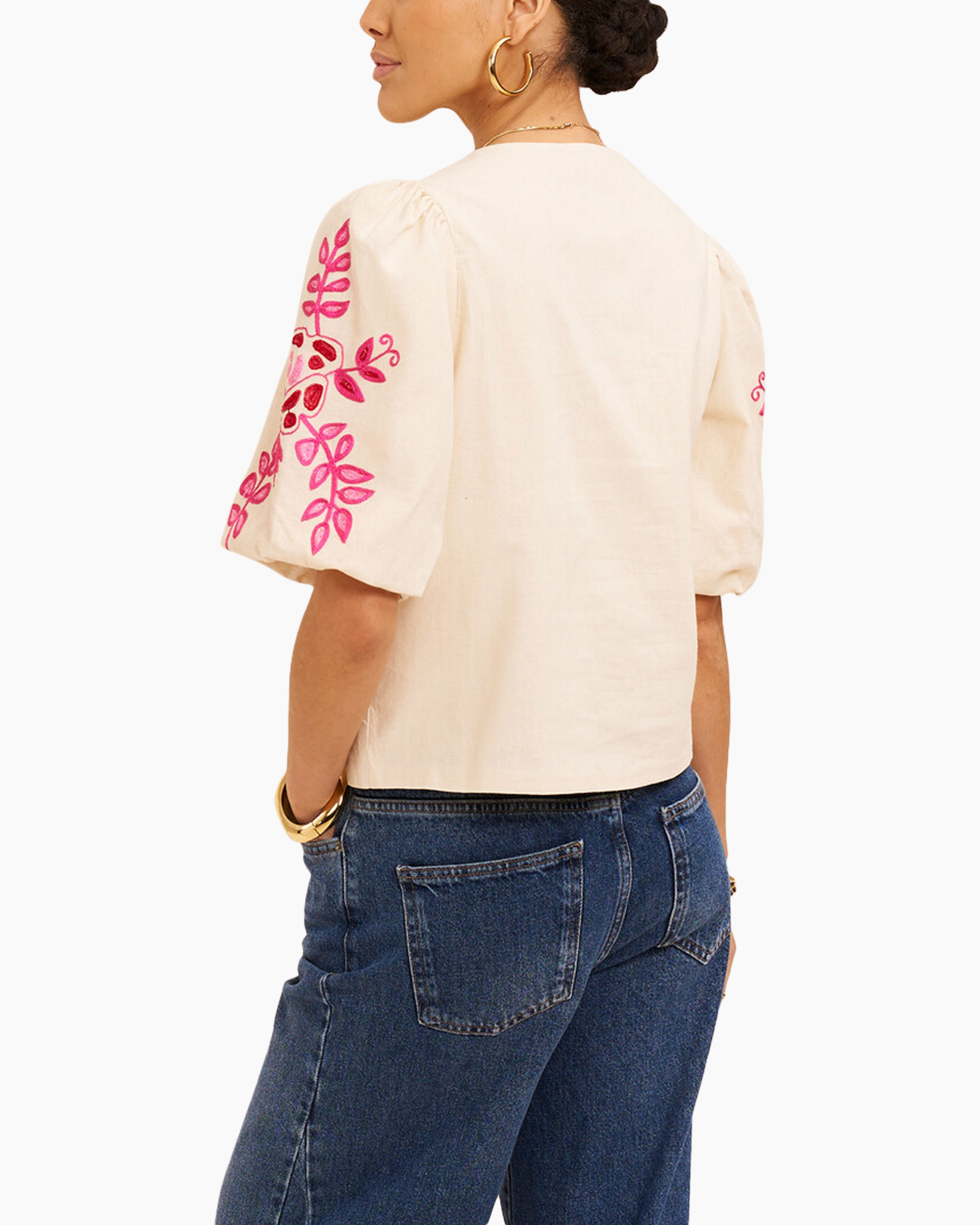 gebloemd, blouse, florale, roze, pofmouw