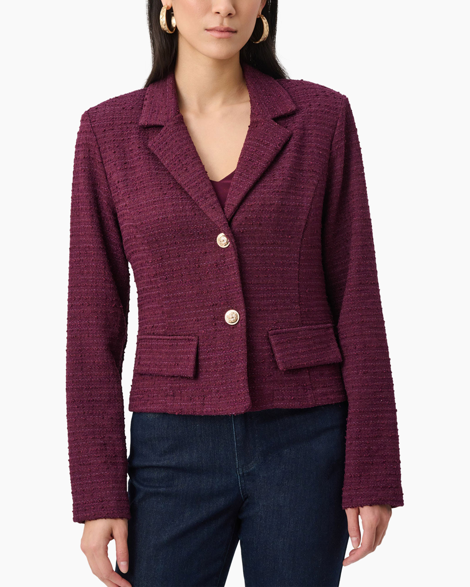 blazer, jacket, tweed, burgundy, golden buttons