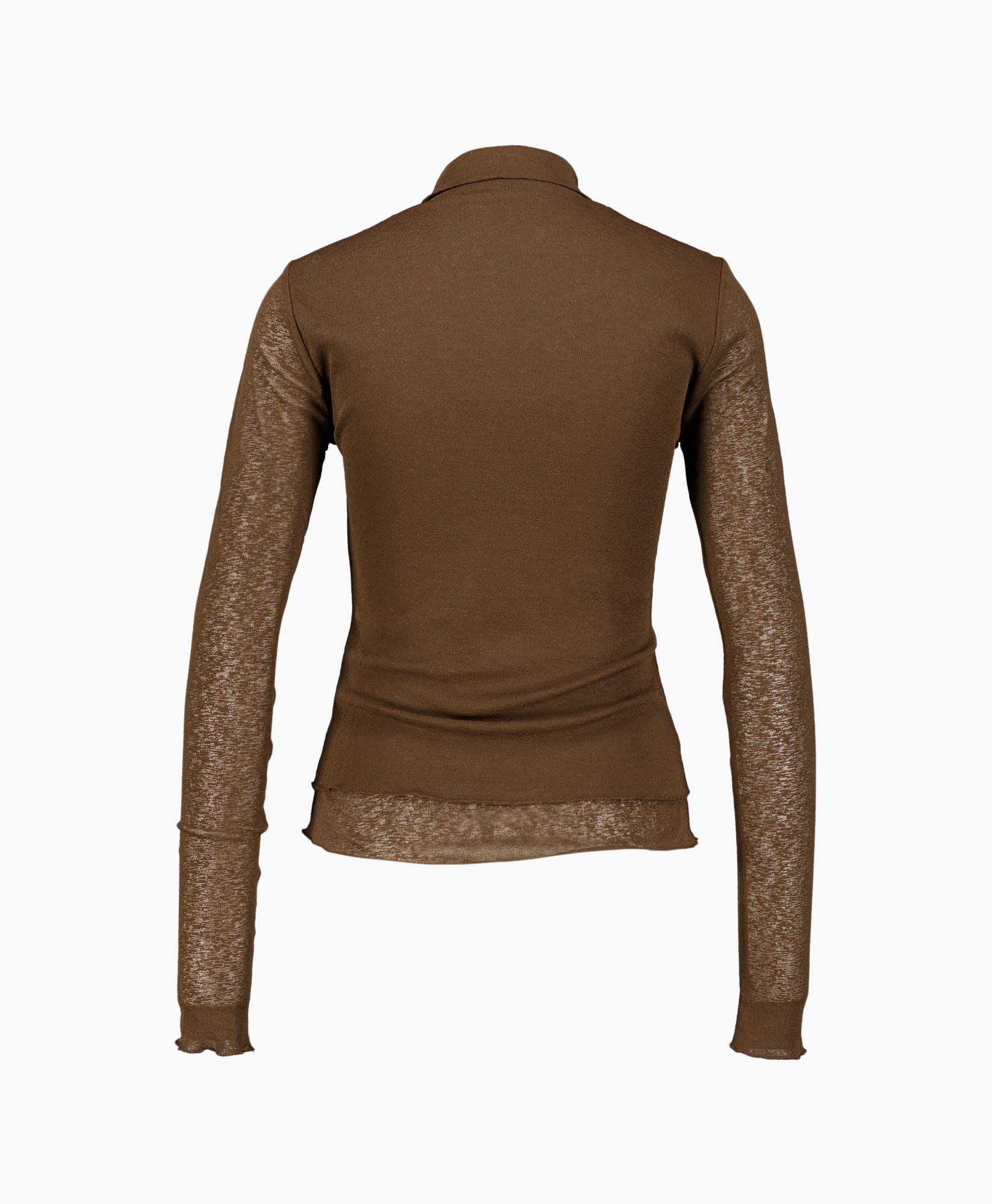 bruine top, lange mouwen, doorschijnende mouwen, kraagloze/ ronde hals, slanke top