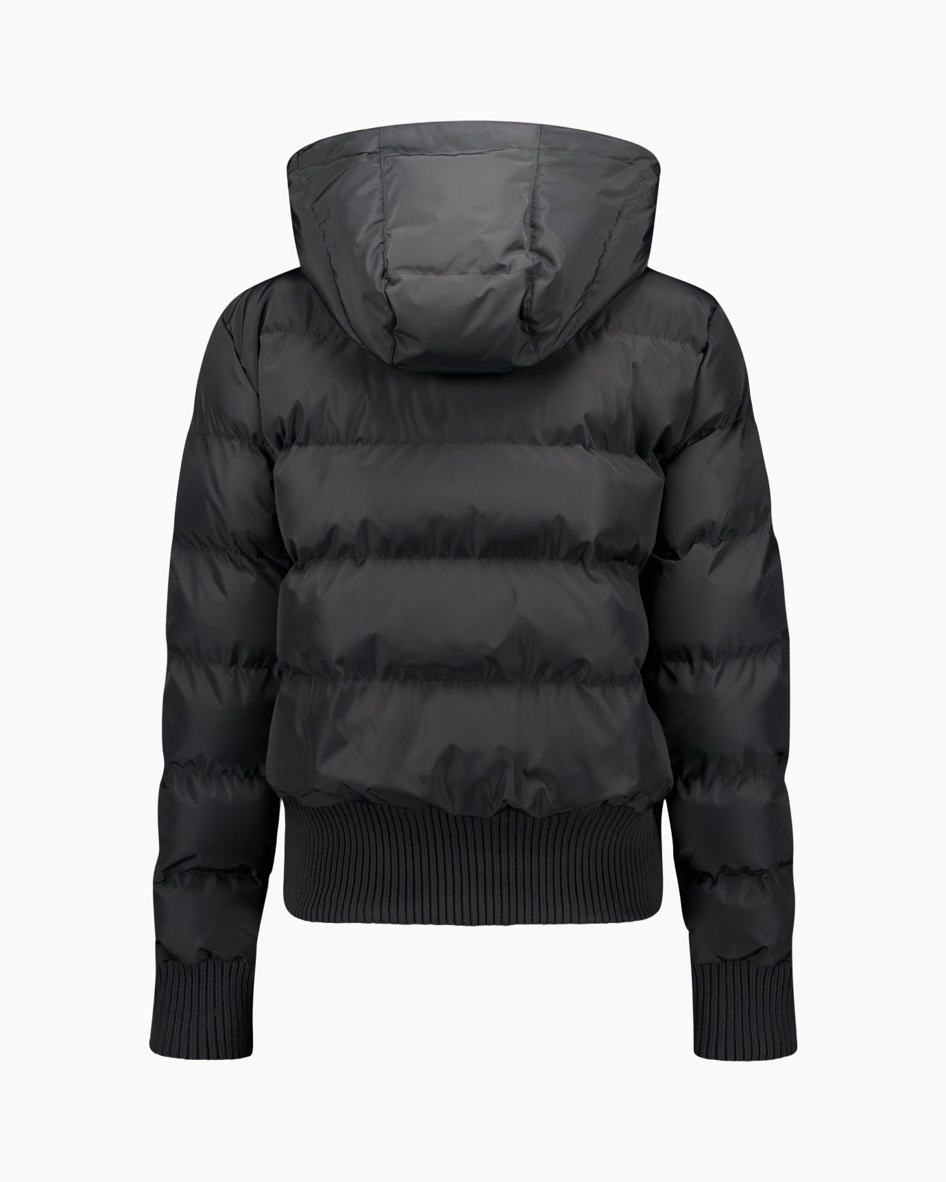 donsjacket, capuchonjas, zwart, puffer vulling, ritssluiting zak