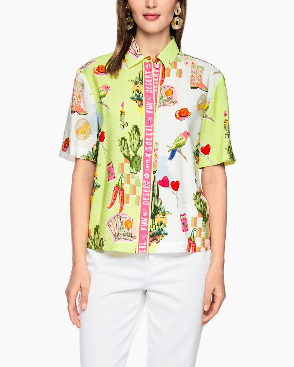 hemden korte mouwen, grafische print, gekraagde top, fel groen, casual blouse