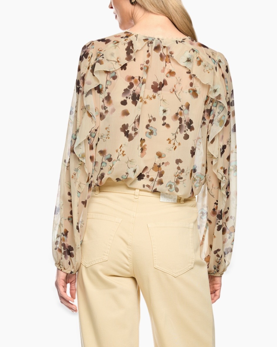 blouse, bloes, floral, doorschijnend, lange mouw, frill
