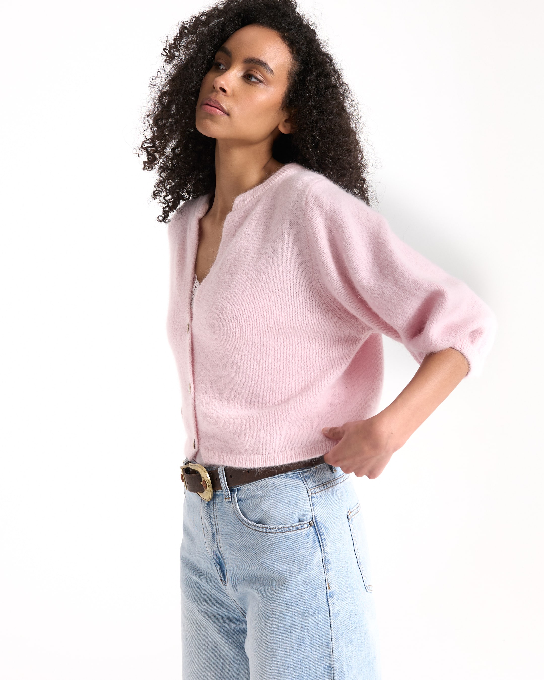 cardigan, roze, katoen? actually knit material, brede lange?