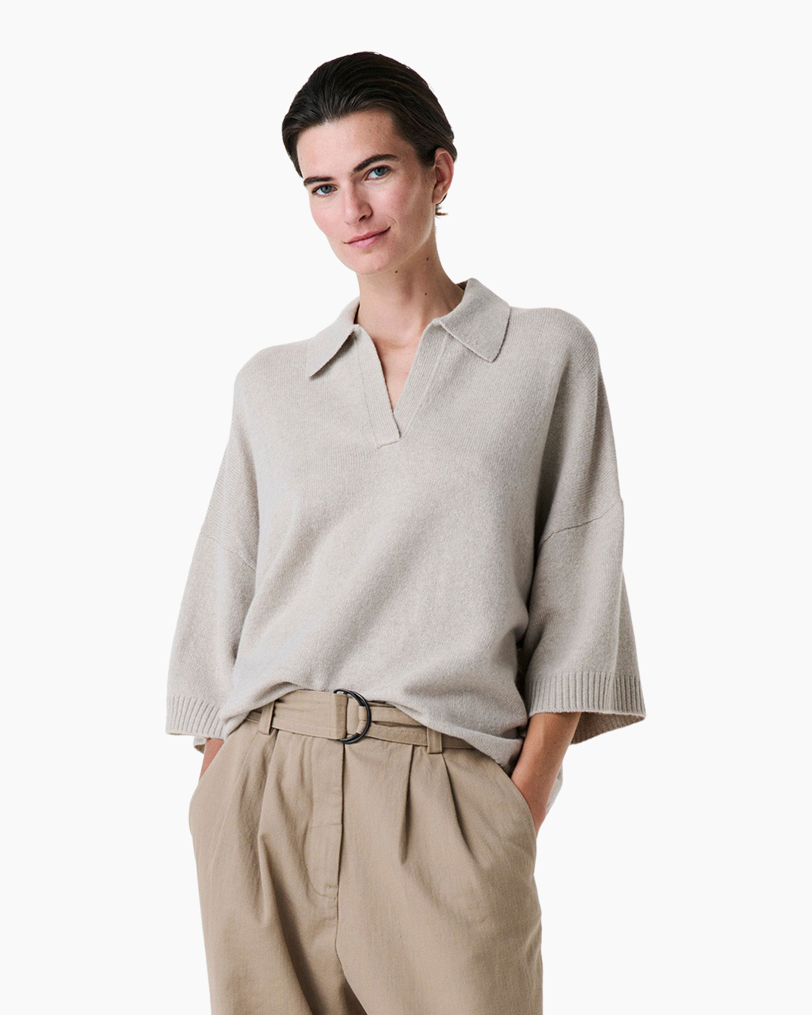 trui, gebreid, kraag, beige, broek