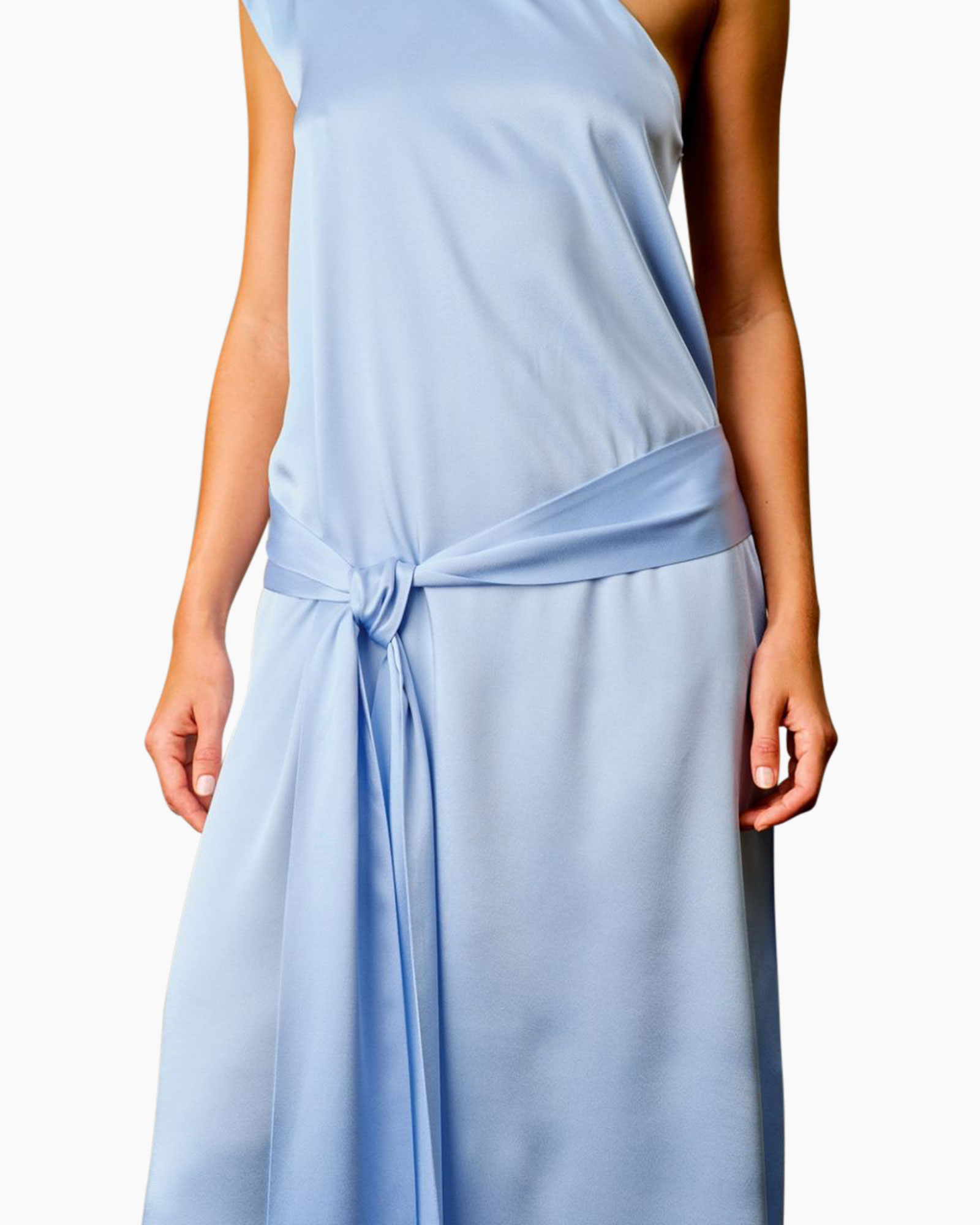 dress, sash, blue, one-shoulder, silk-like