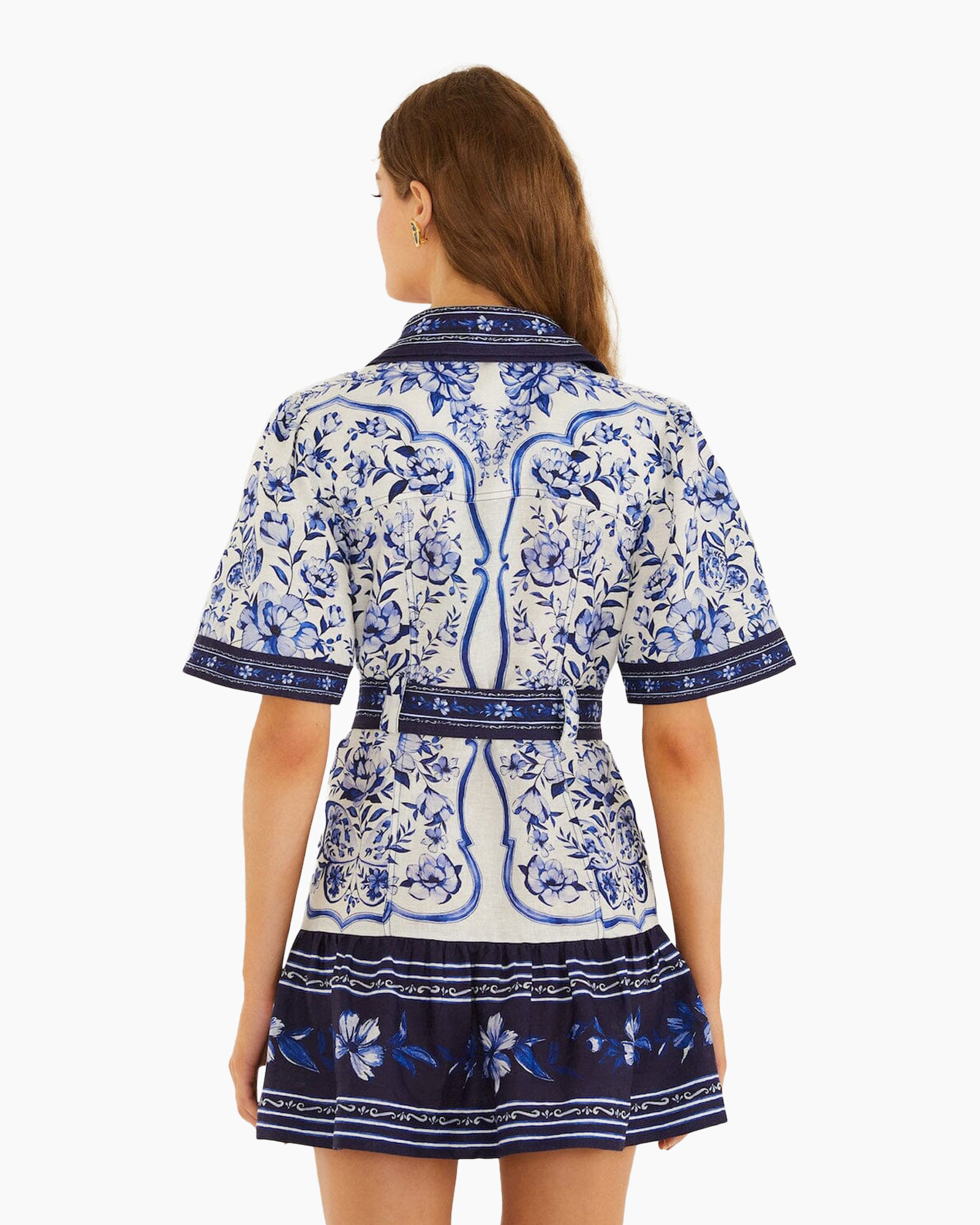 jurk, korte mouw, riem, bloemenprint, blauw-wit