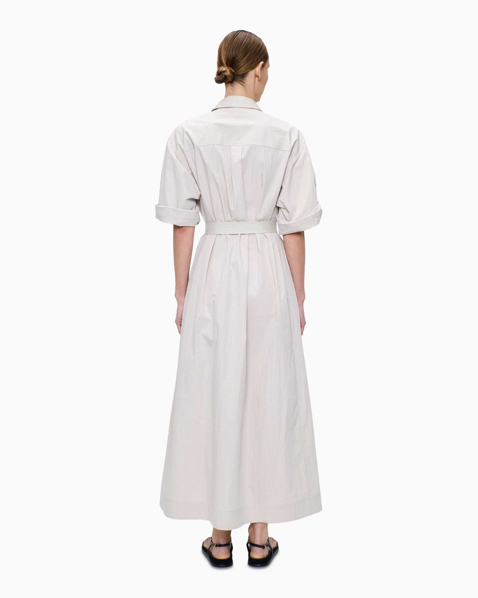 shirt dress, belted dress, long dress, beige, rolled-up sleeves
