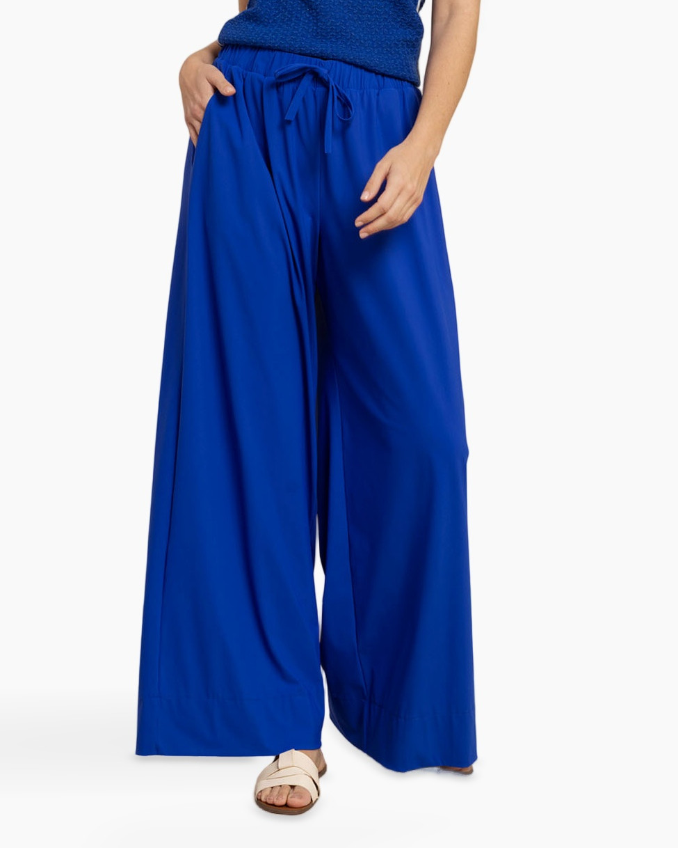 broek met wijde pijpen, palazzo broek, elastische taille, koordsluiting, koningsblauw