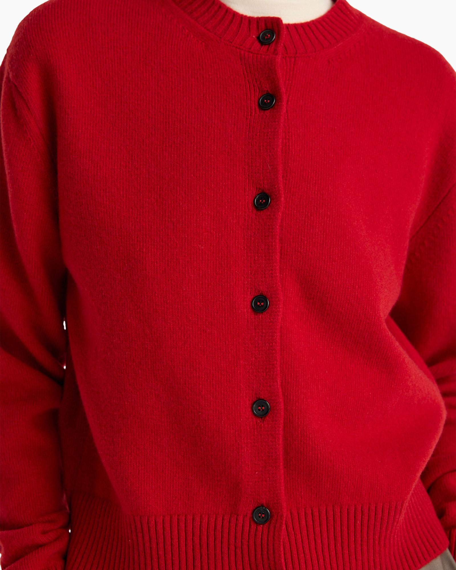 cardigan, knopjes, breiwerk, rood, kraagloze?