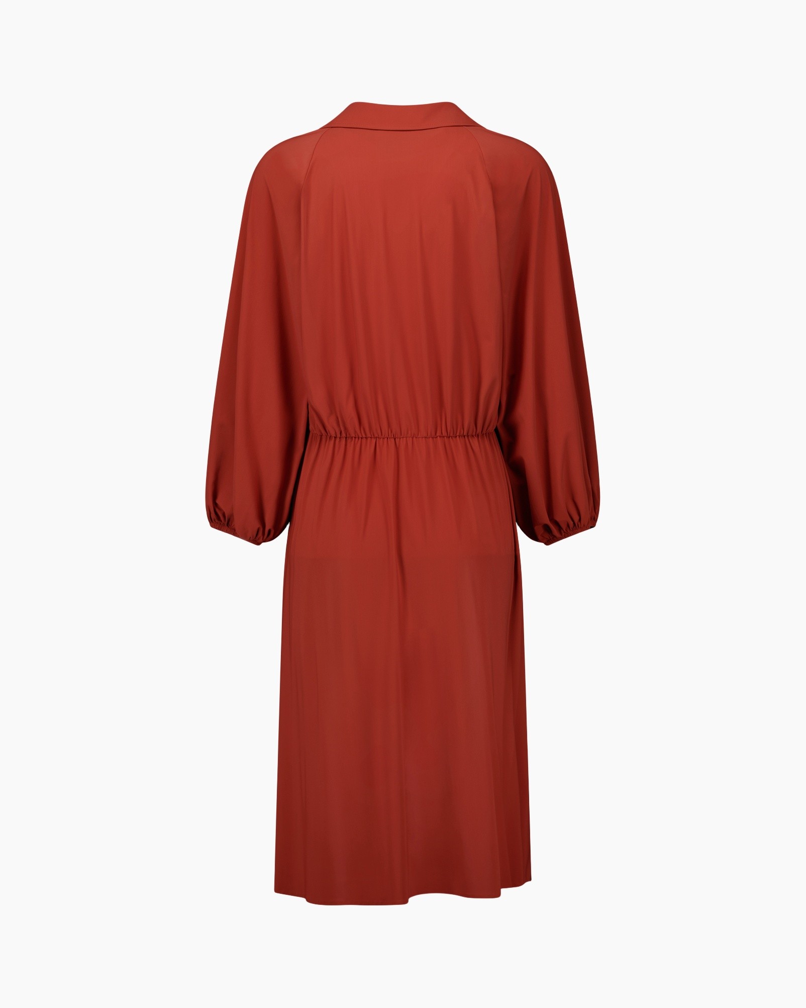 jurk, lang, mouw, taille-elastiek, roodbruin