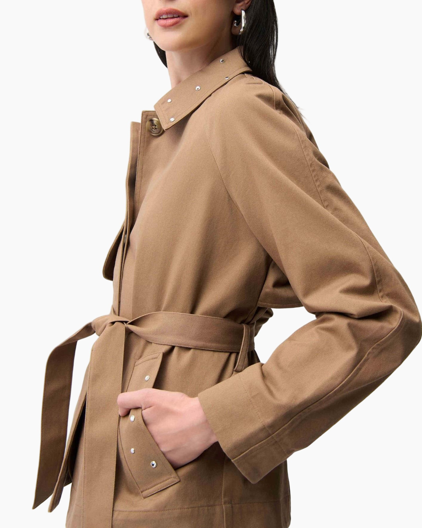 trench, jas, beige, riempje riem, kraag met studs