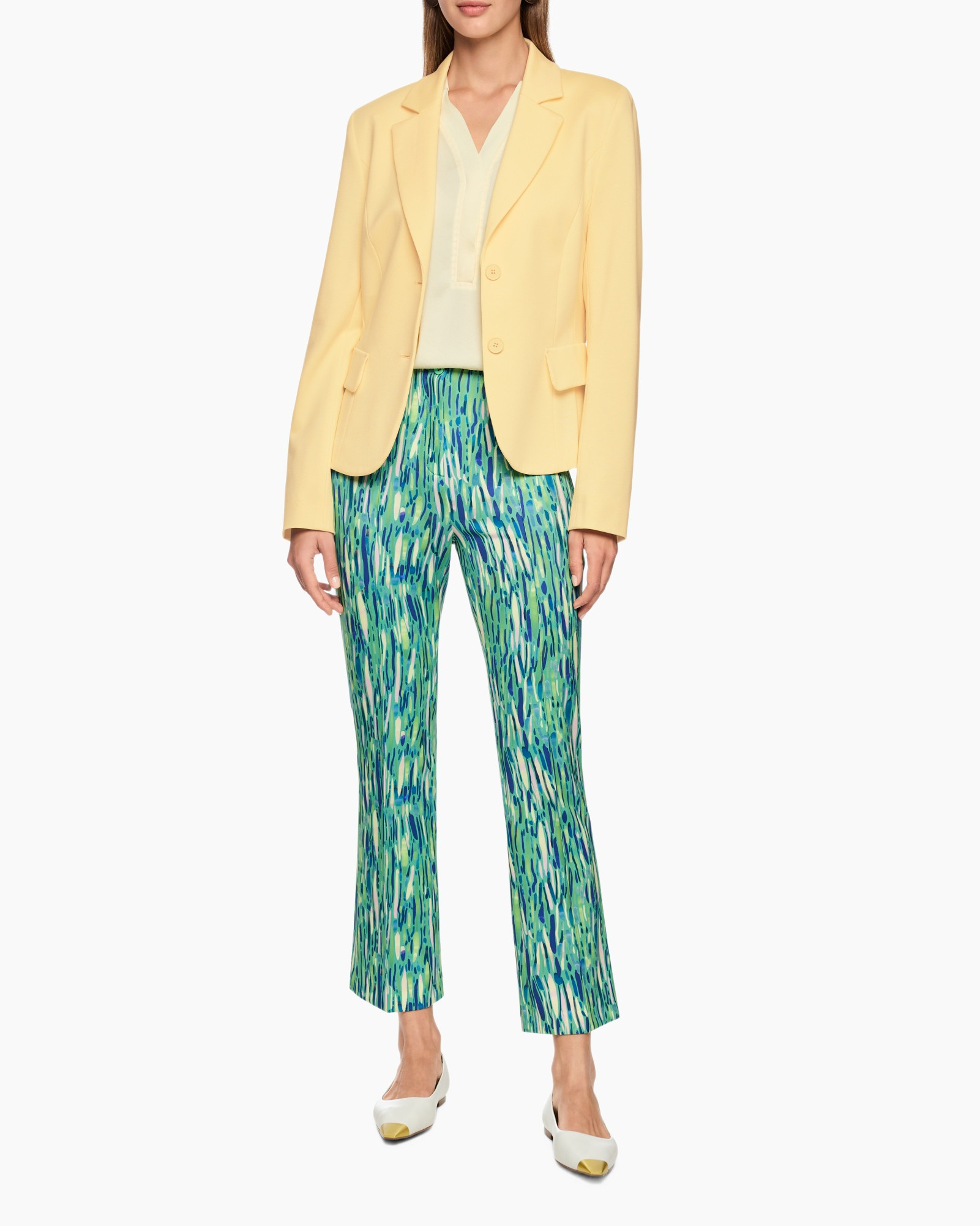 blazer, peach blazer, pants, print pants, colorful