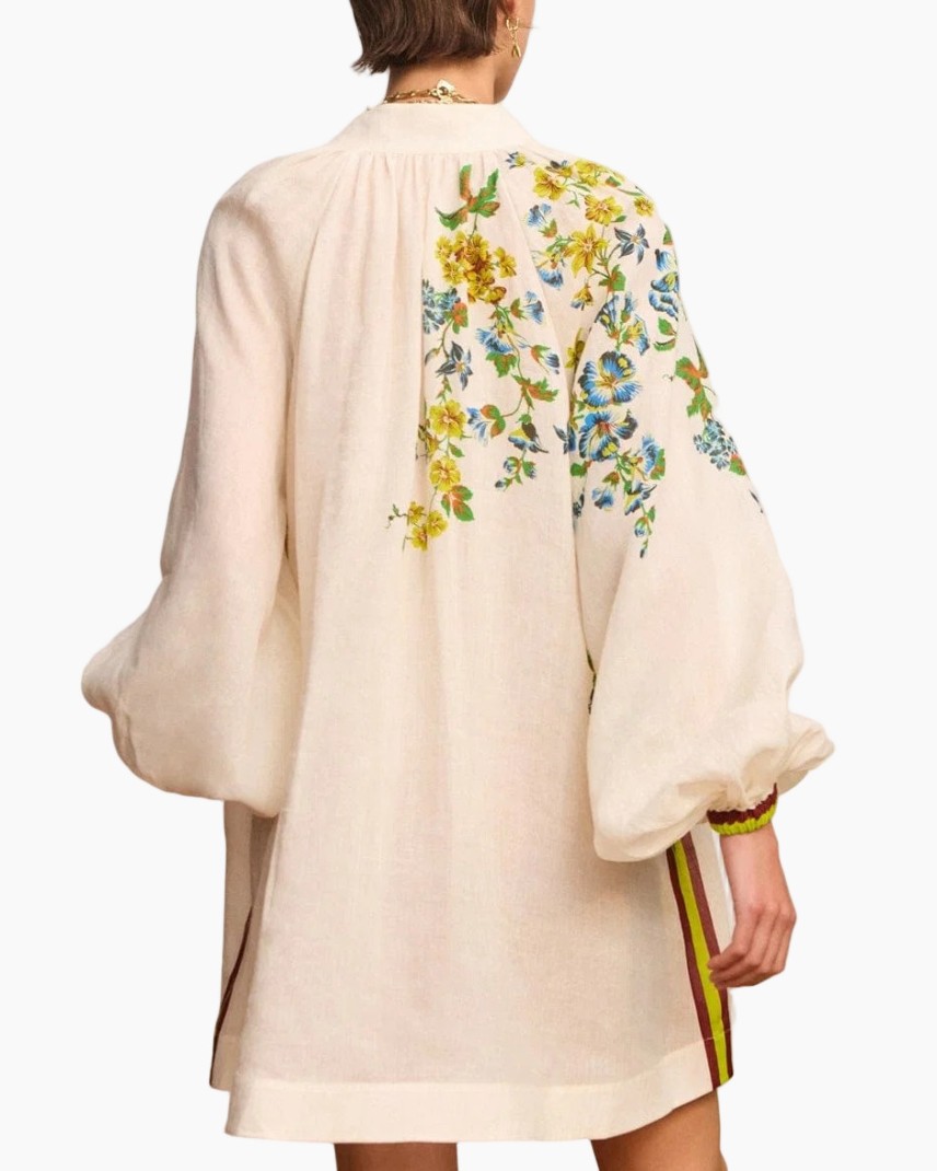 embroiderei, floral, vloei-sleeve, beige, tunika
