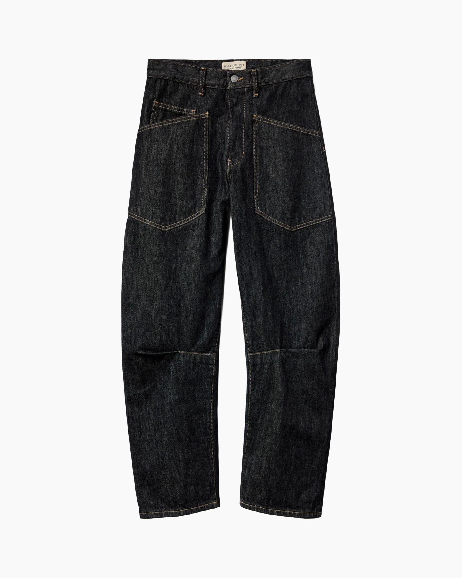 spijkerbroek, denim, donkerwassen, knieplooi, voorgelegen zakken