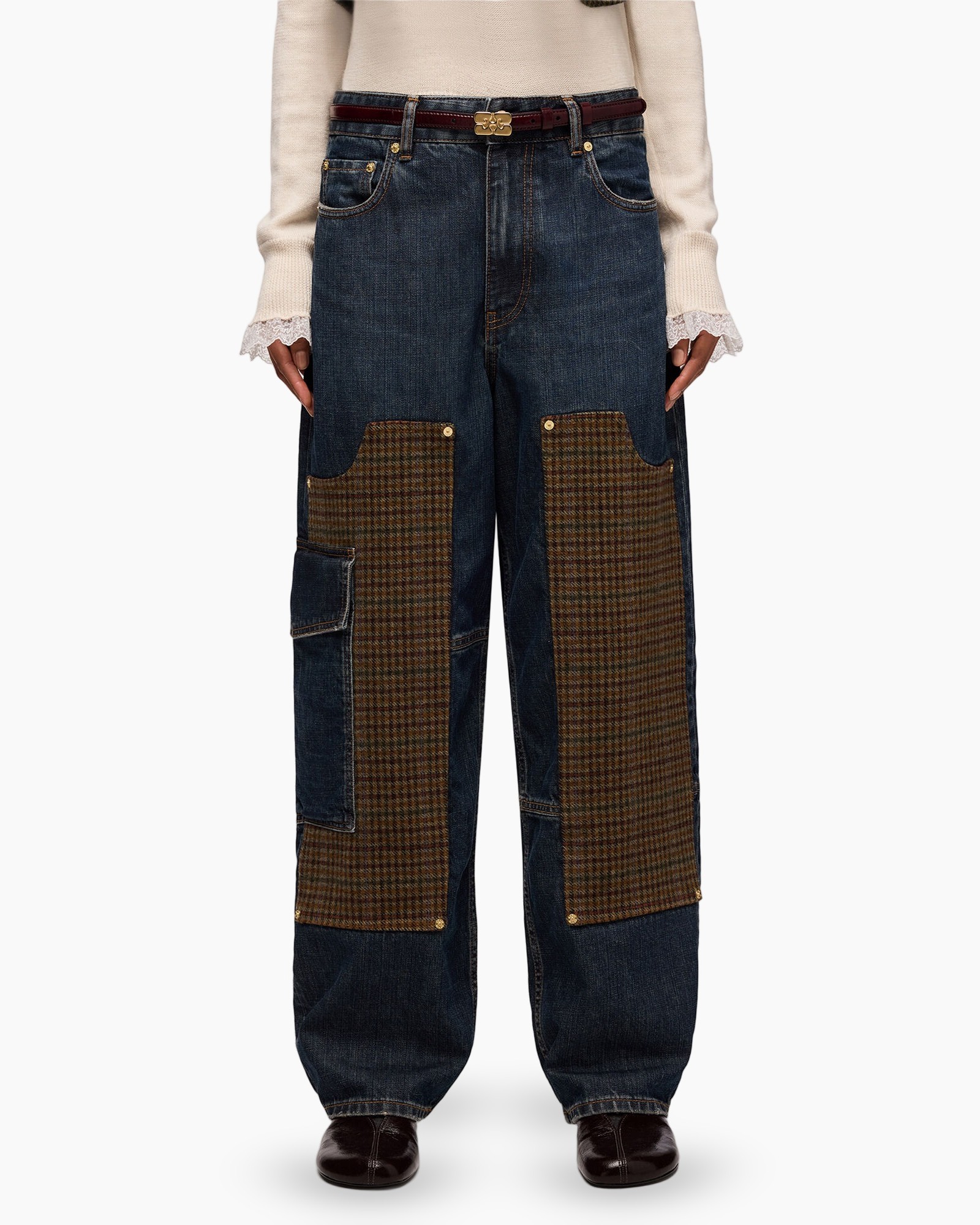 spijkerbroek, denim, patches, cargo zakken, wijdere pijpen