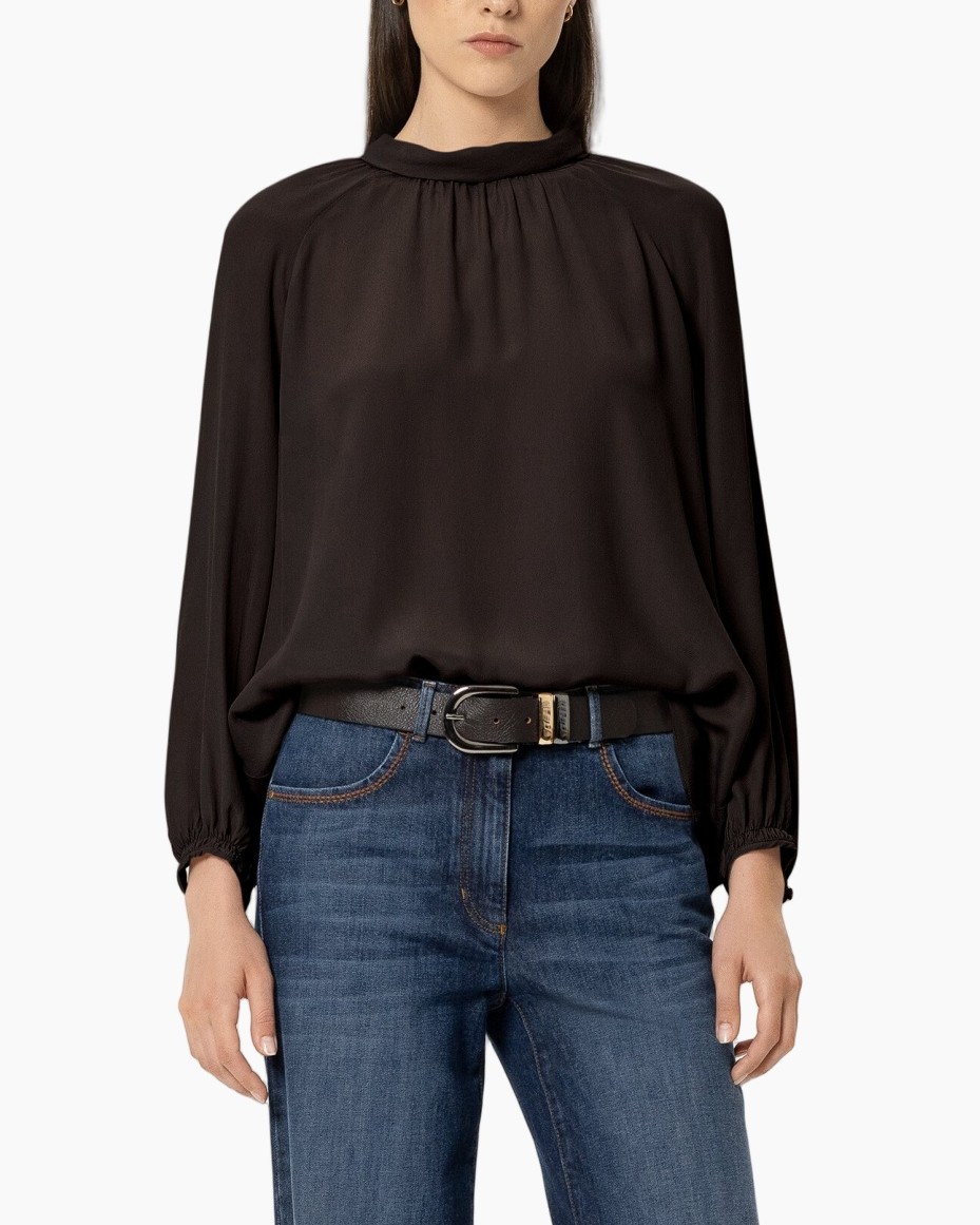 blouse, lange mouwen, halslijn hoog, zwart, satijn