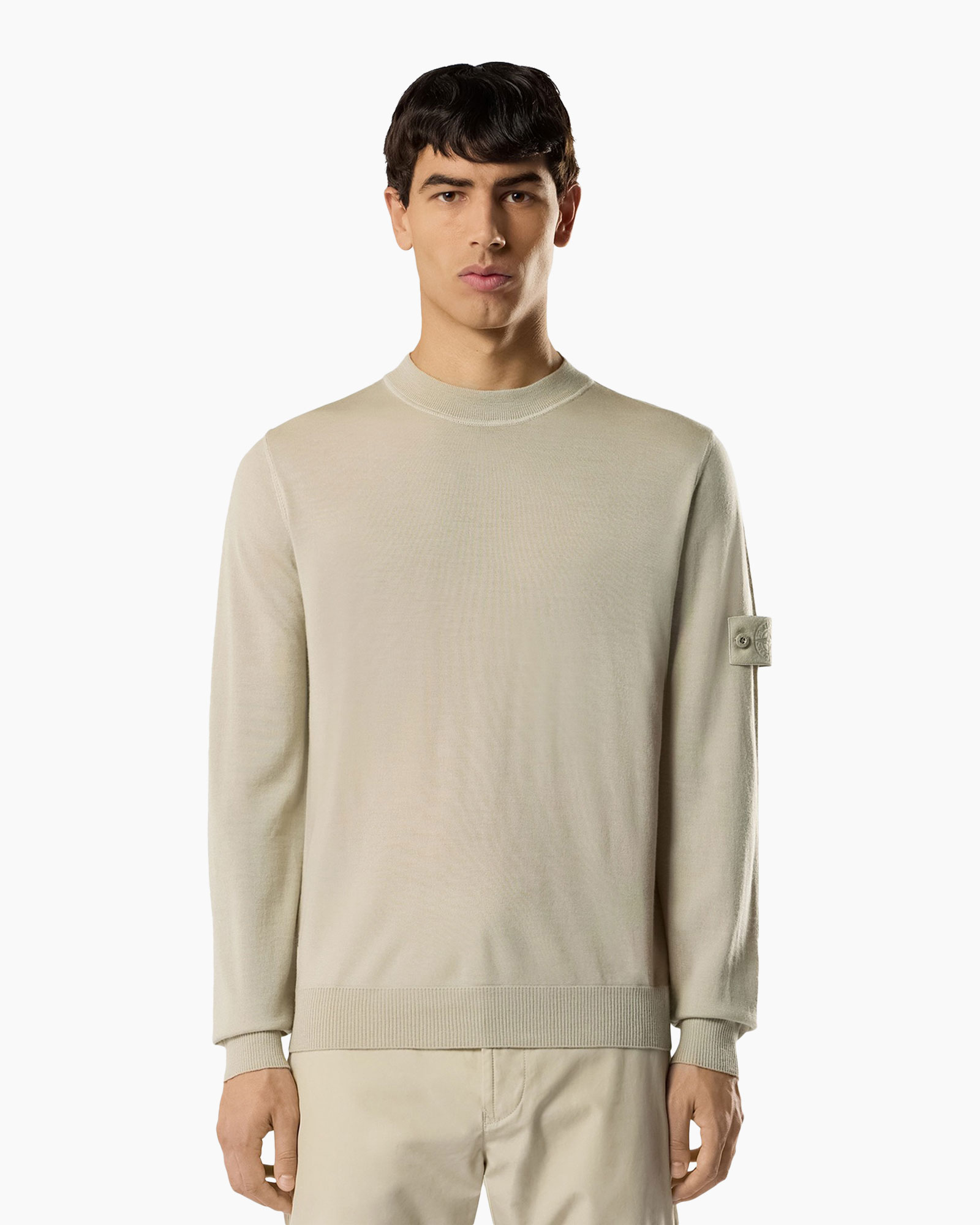 sweater, crew neck, langere mouw, beige, arm pocket