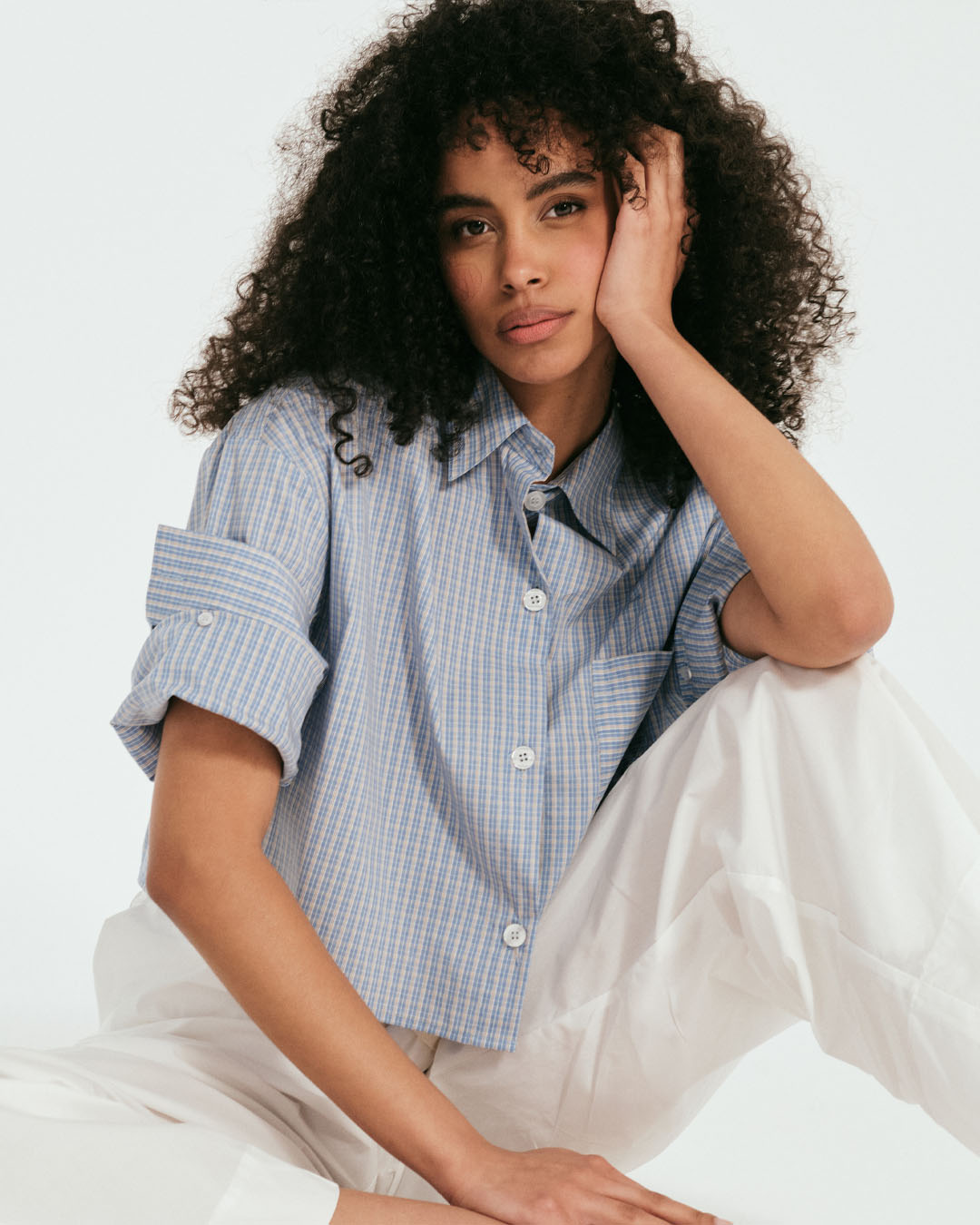 hemd, knopen, geruit, blauw, kortmouw