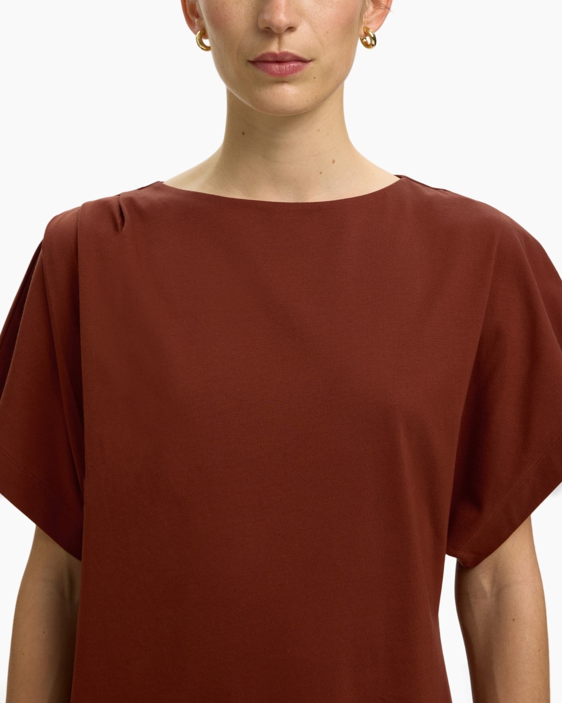 jurk, top, roodbruin, korte-mouwen, rond-neck