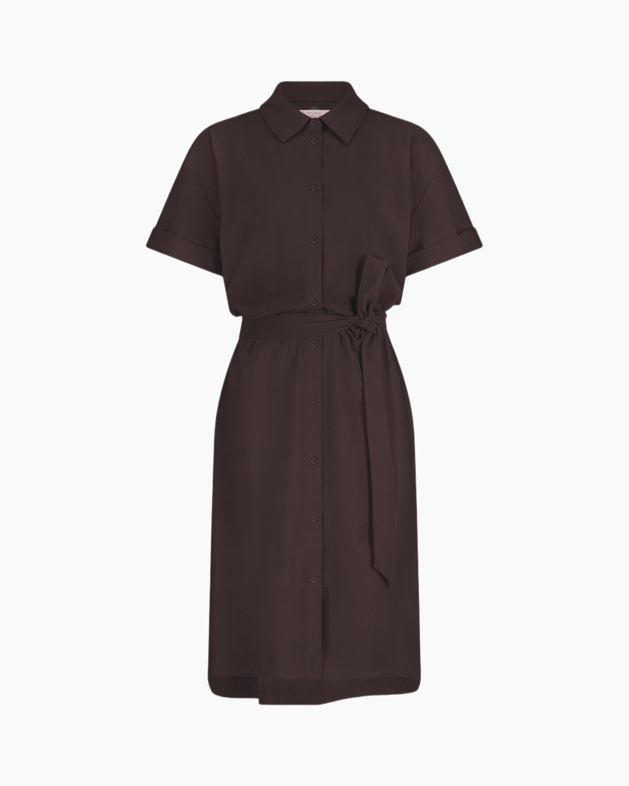 shirtjurk, knopenkraag, riem, korte mouwen, midi lengte
