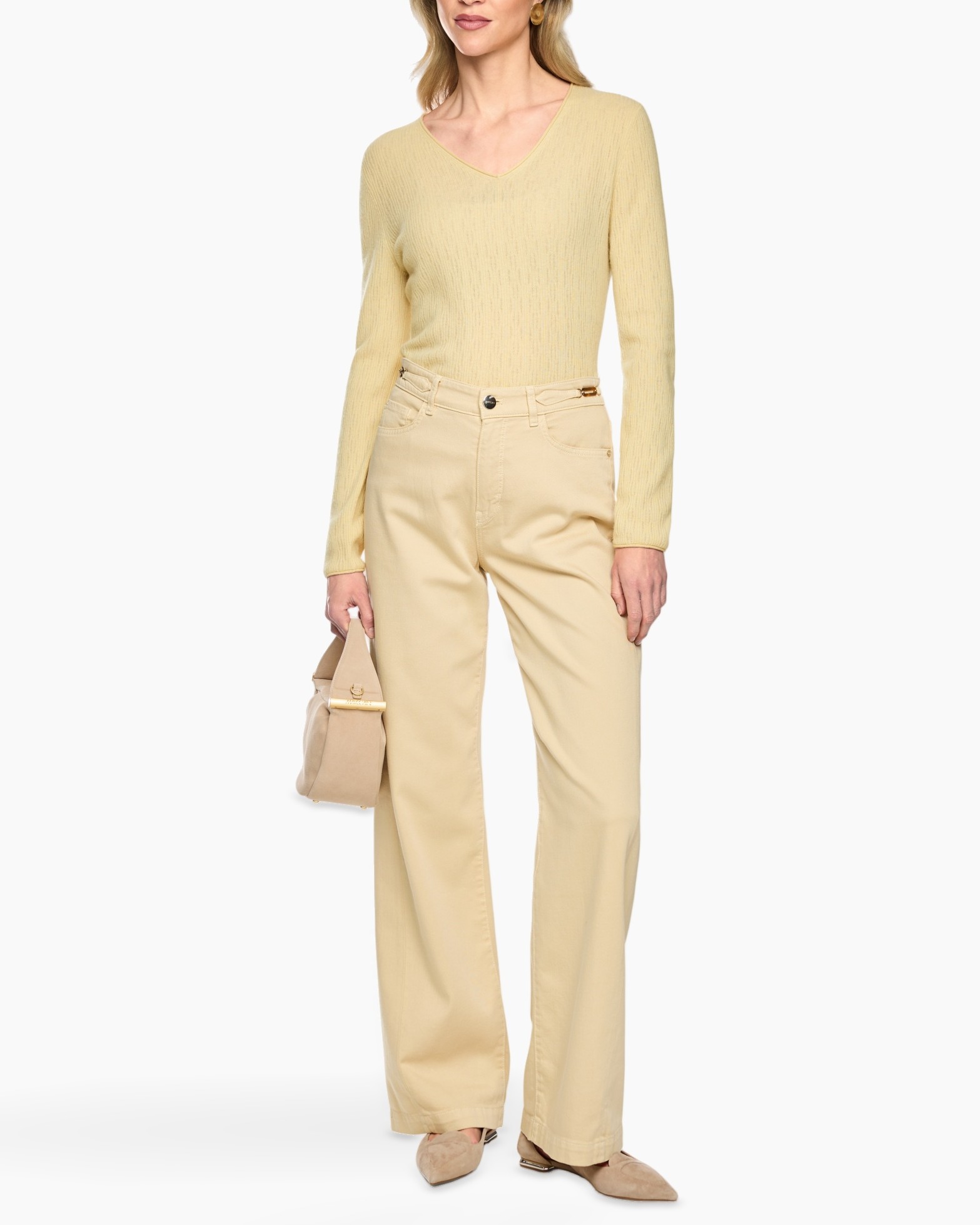 gebreide top, lange mouwen, V-hals, beige, broek