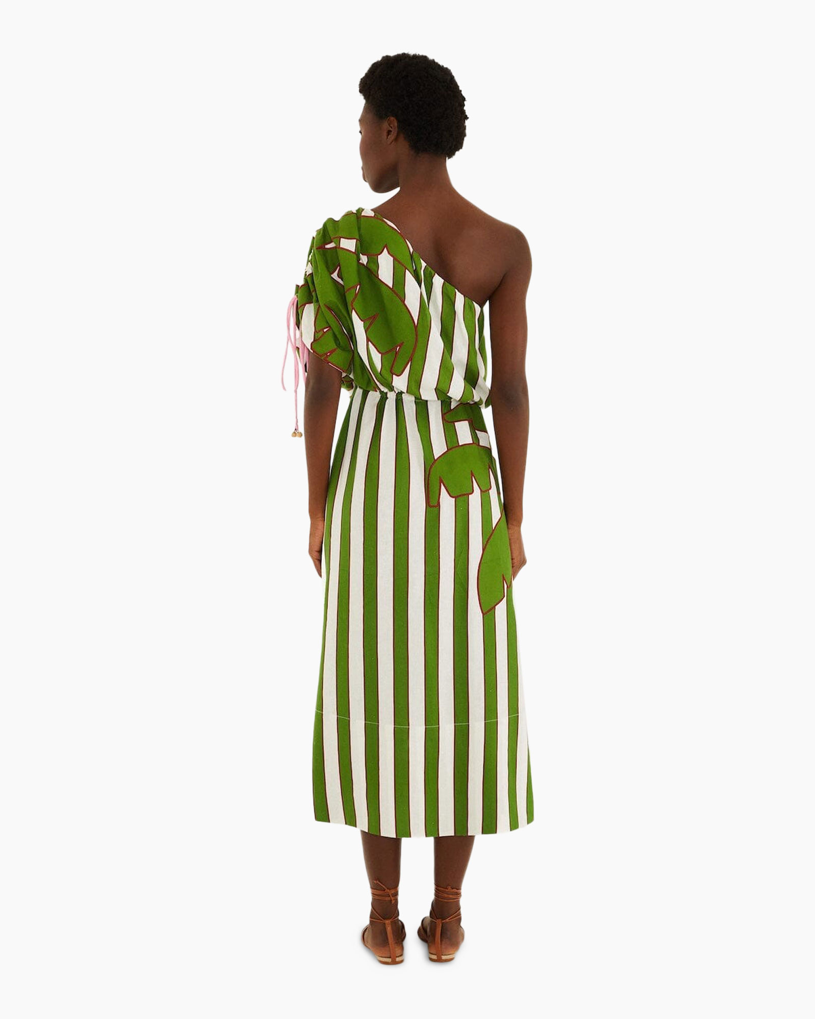 jurk, een-shoulder, groen, gestreept, druk