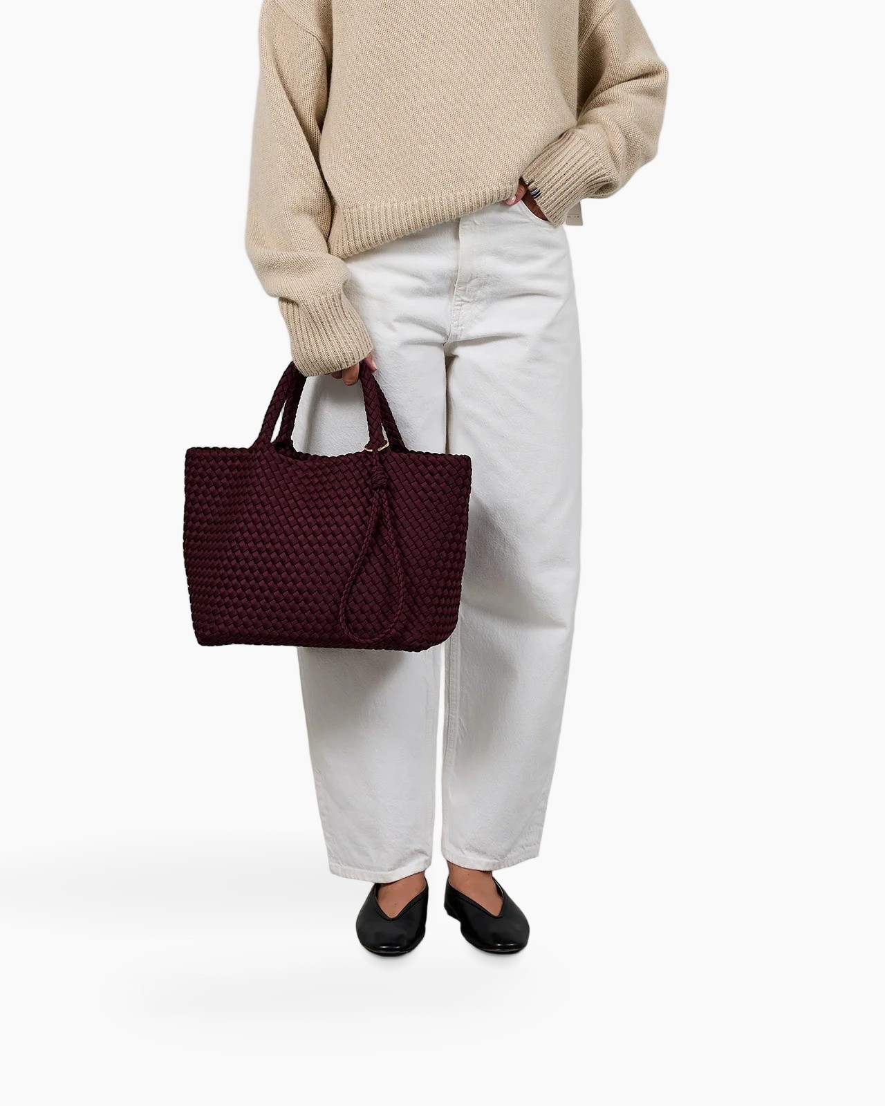 handtas, gevlochten tas, burgundy/ rode wijn, tote, handtas dragen