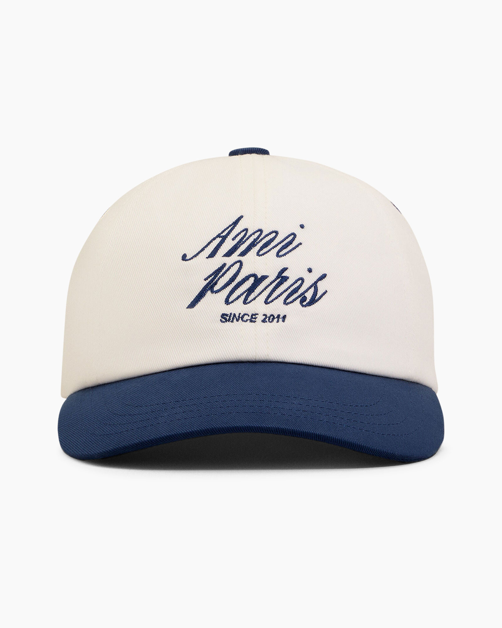 baseball cap, two-tone, navy brim, white crown, logo embroidery