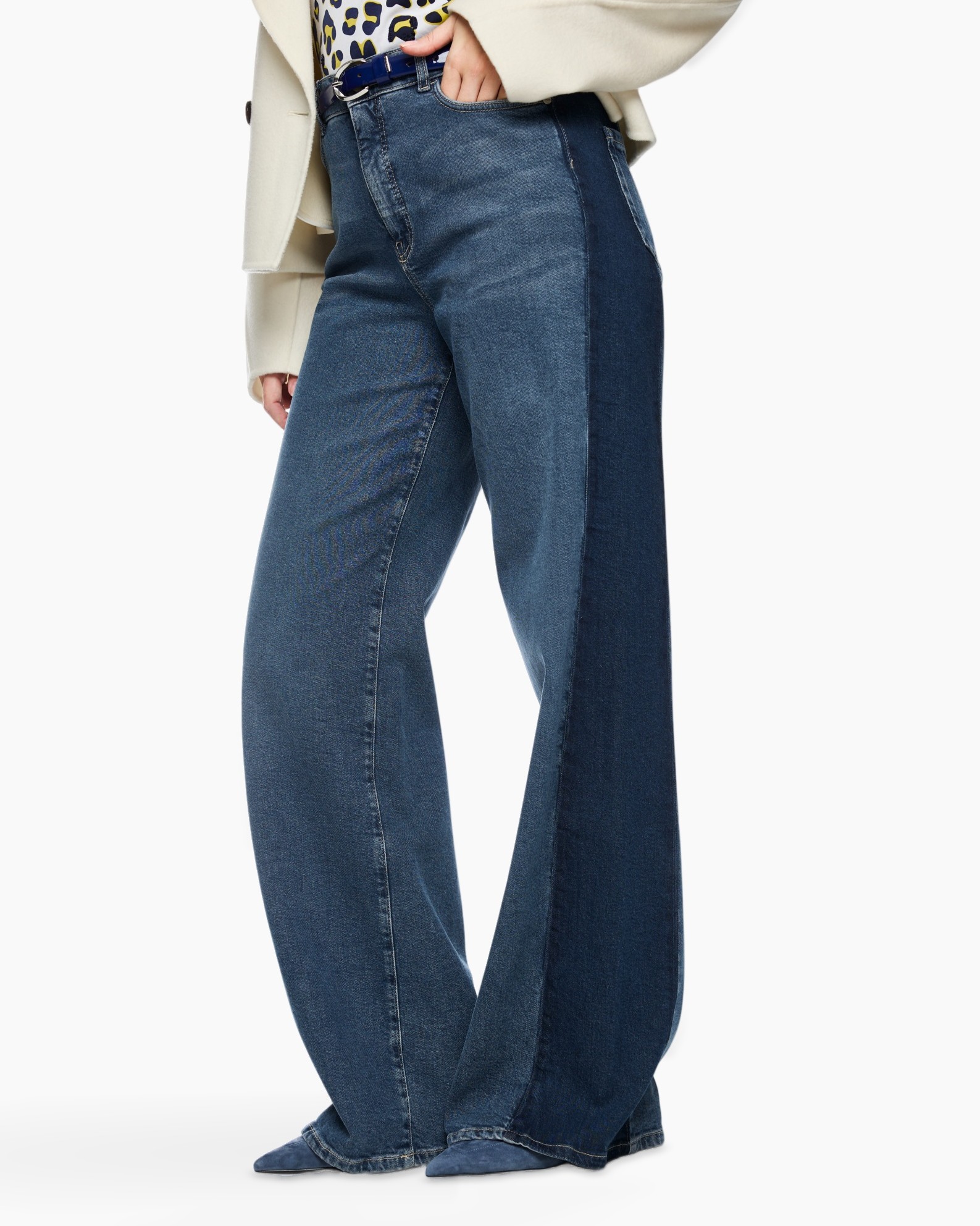 wijdlopende, denim, spijkerbroek, tweedelig, uitlopend